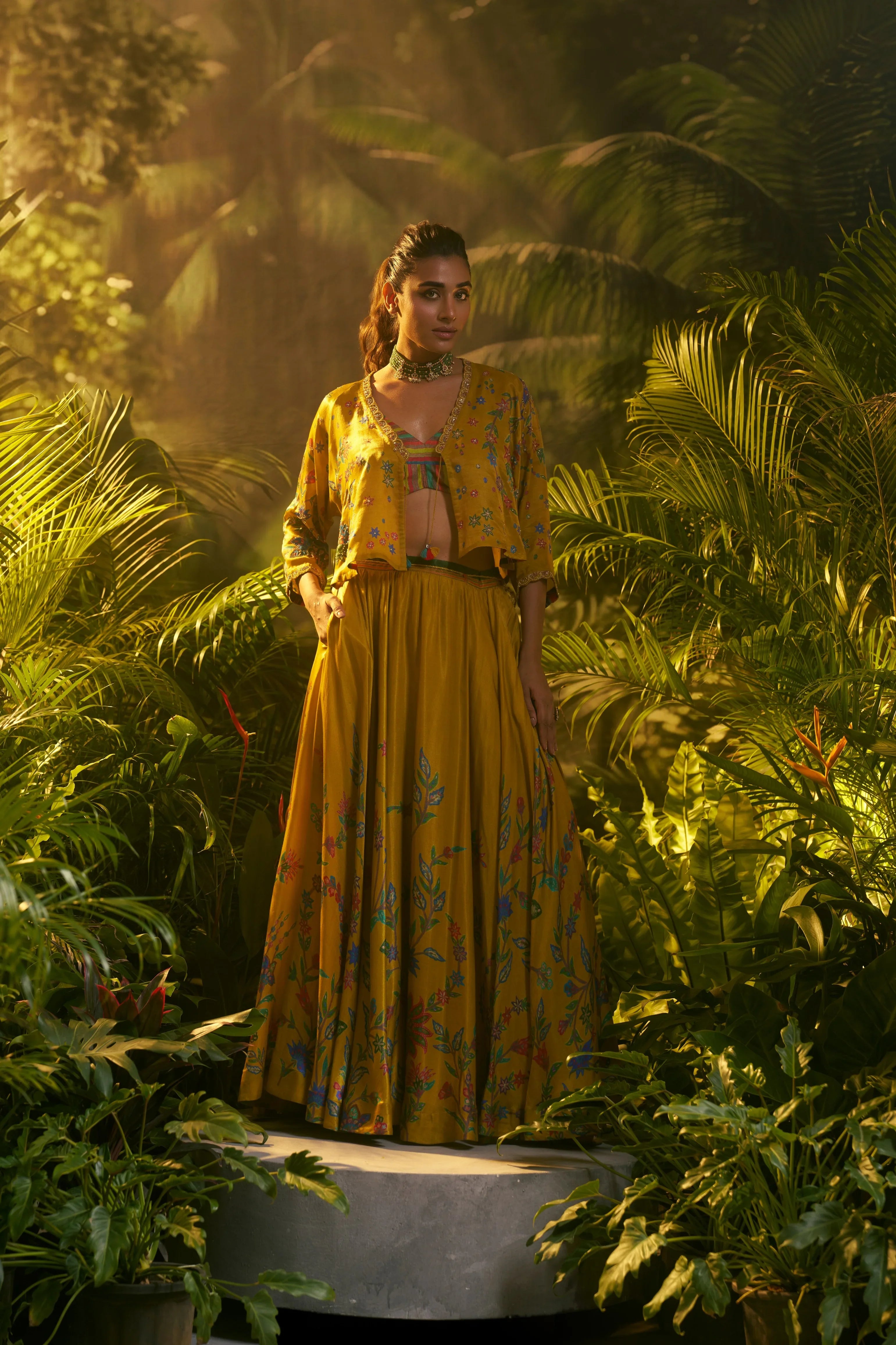 Mustard Multicolour Printed Lehenga Set with Cape | Mokshaa