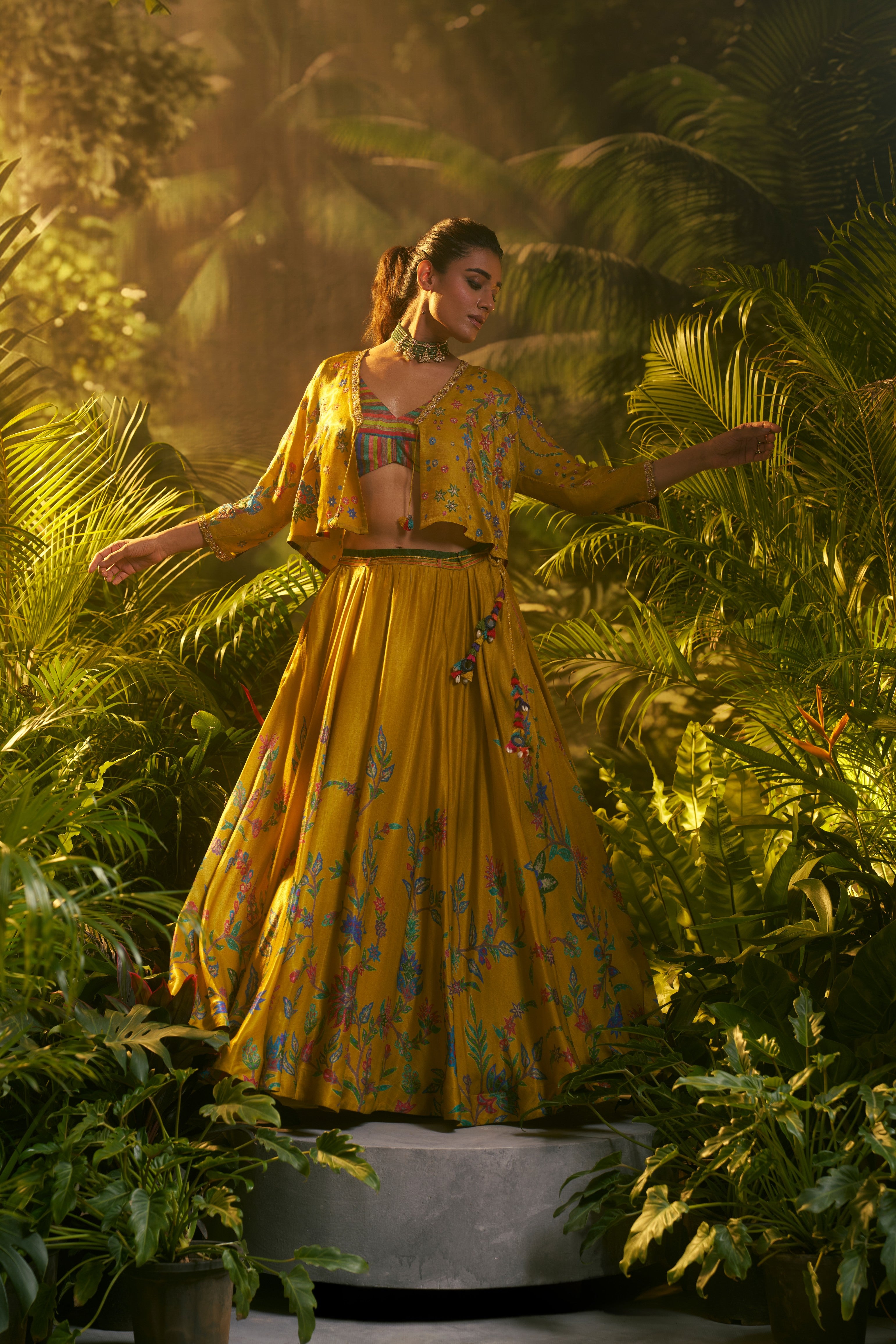 Mustard Multicolour Printed Lehenga Set with Cape