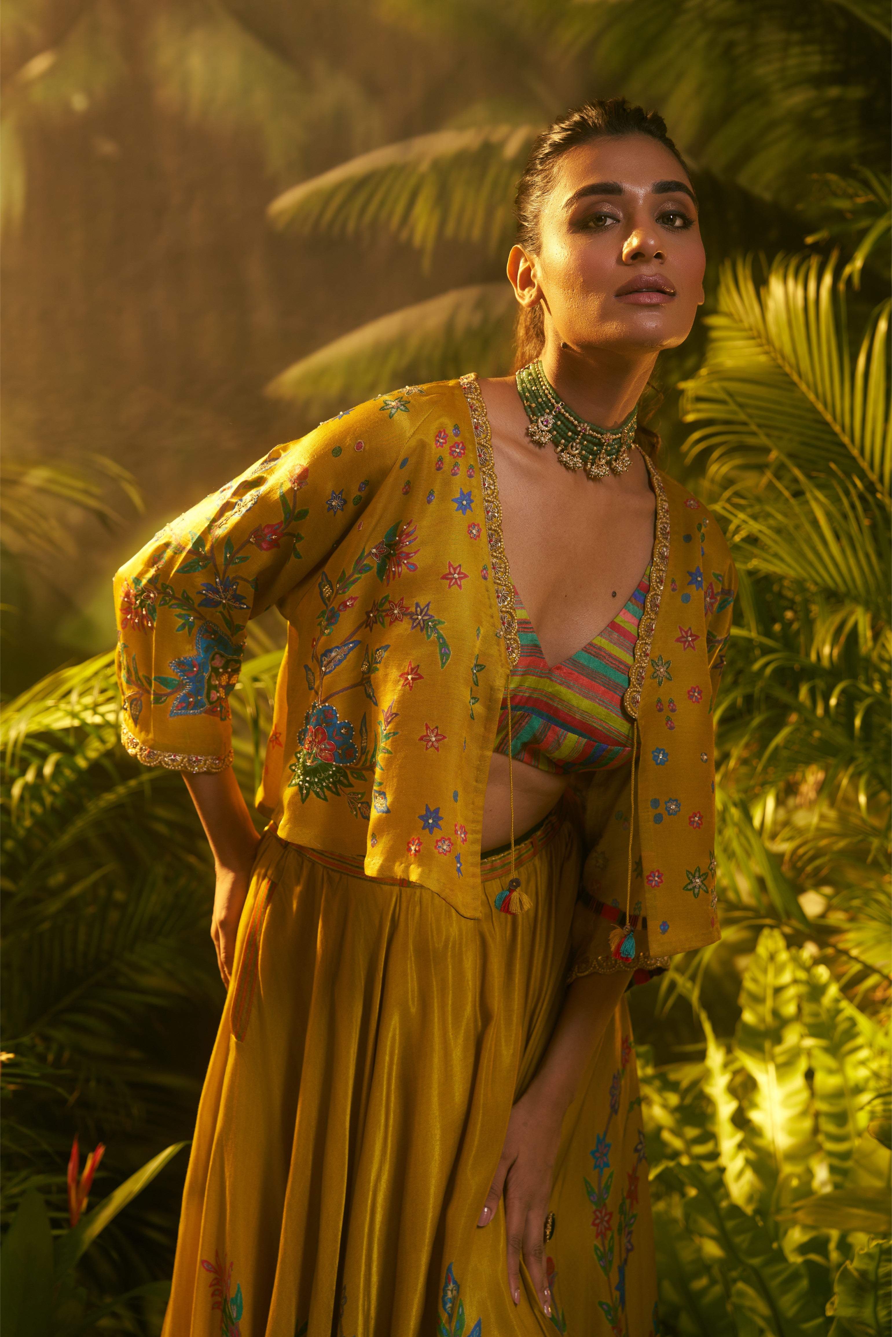 Mustard Multicolour Printed Lehenga Set with Cape