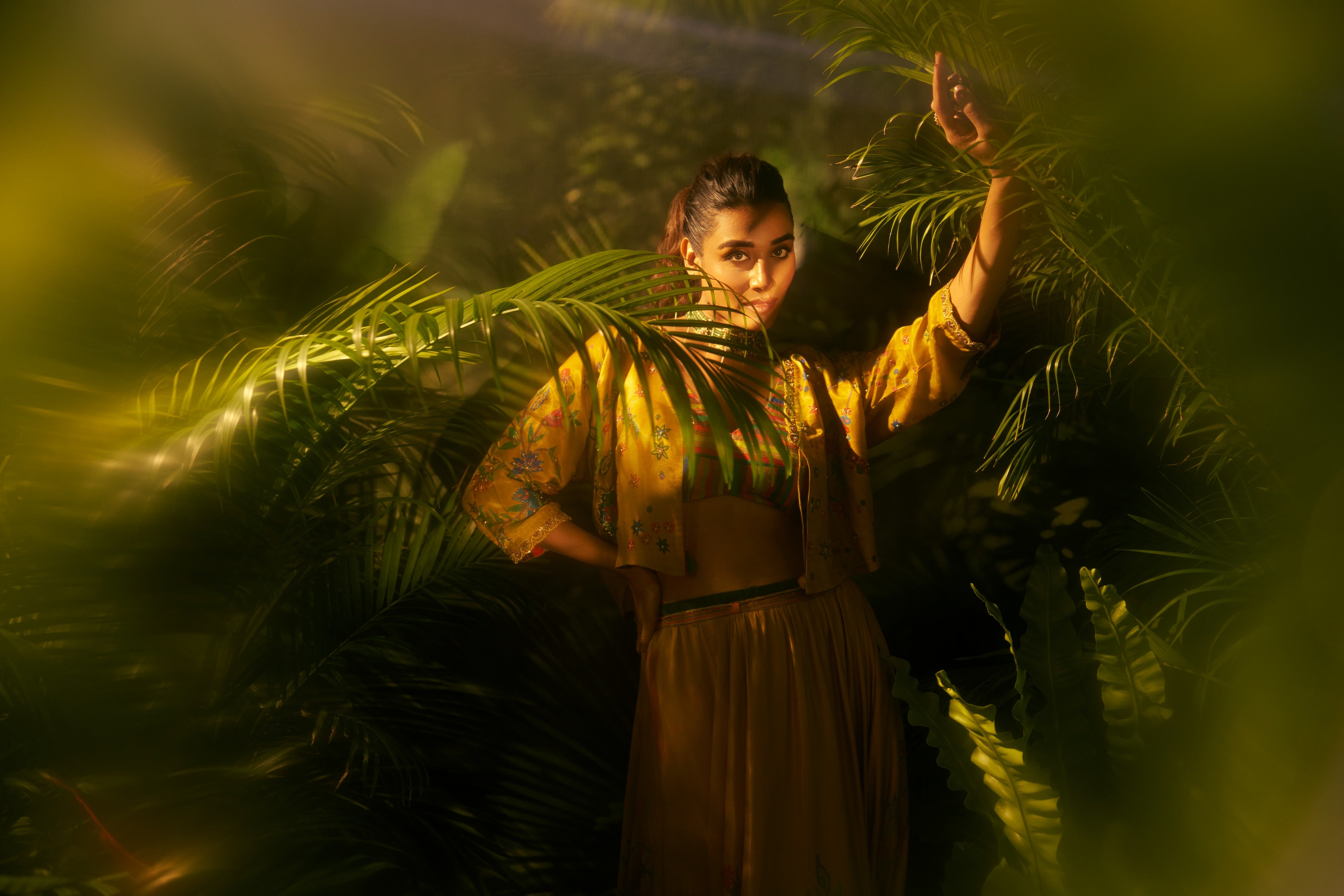 Mustard Multicolour Printed Lehenga Set with Cape