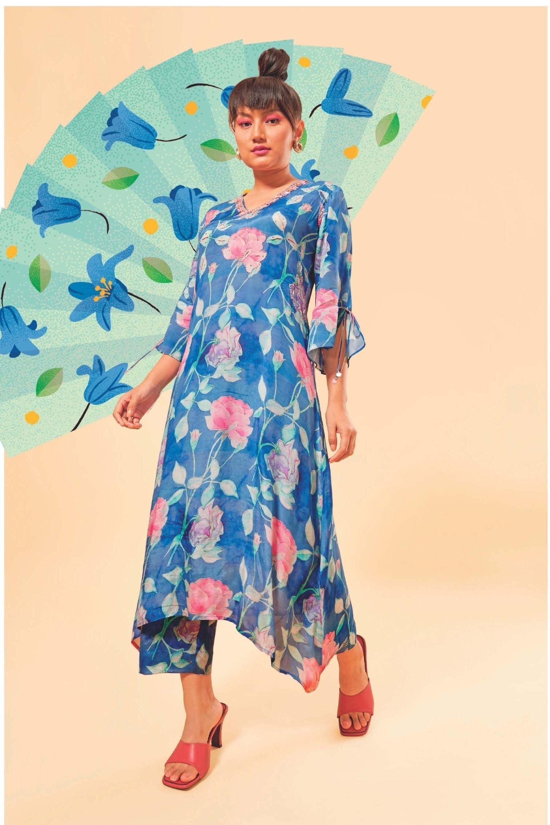 Azure Blue Printed Asymmetrical Kurta Set  Mokshaa