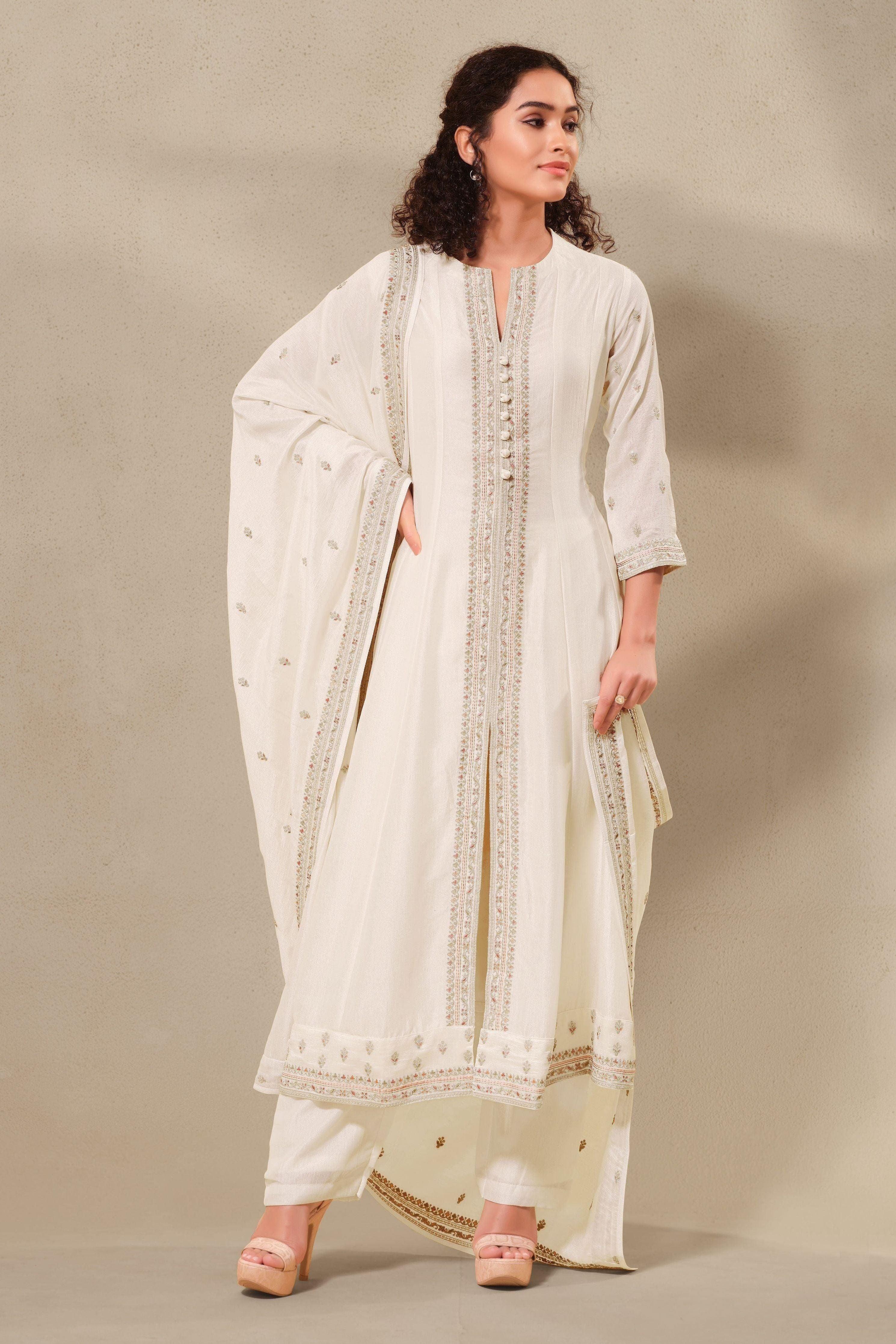 Elegant Ivory Silk Anarkali Suit Set with Satin-Silk Dupatta - Mokshaa