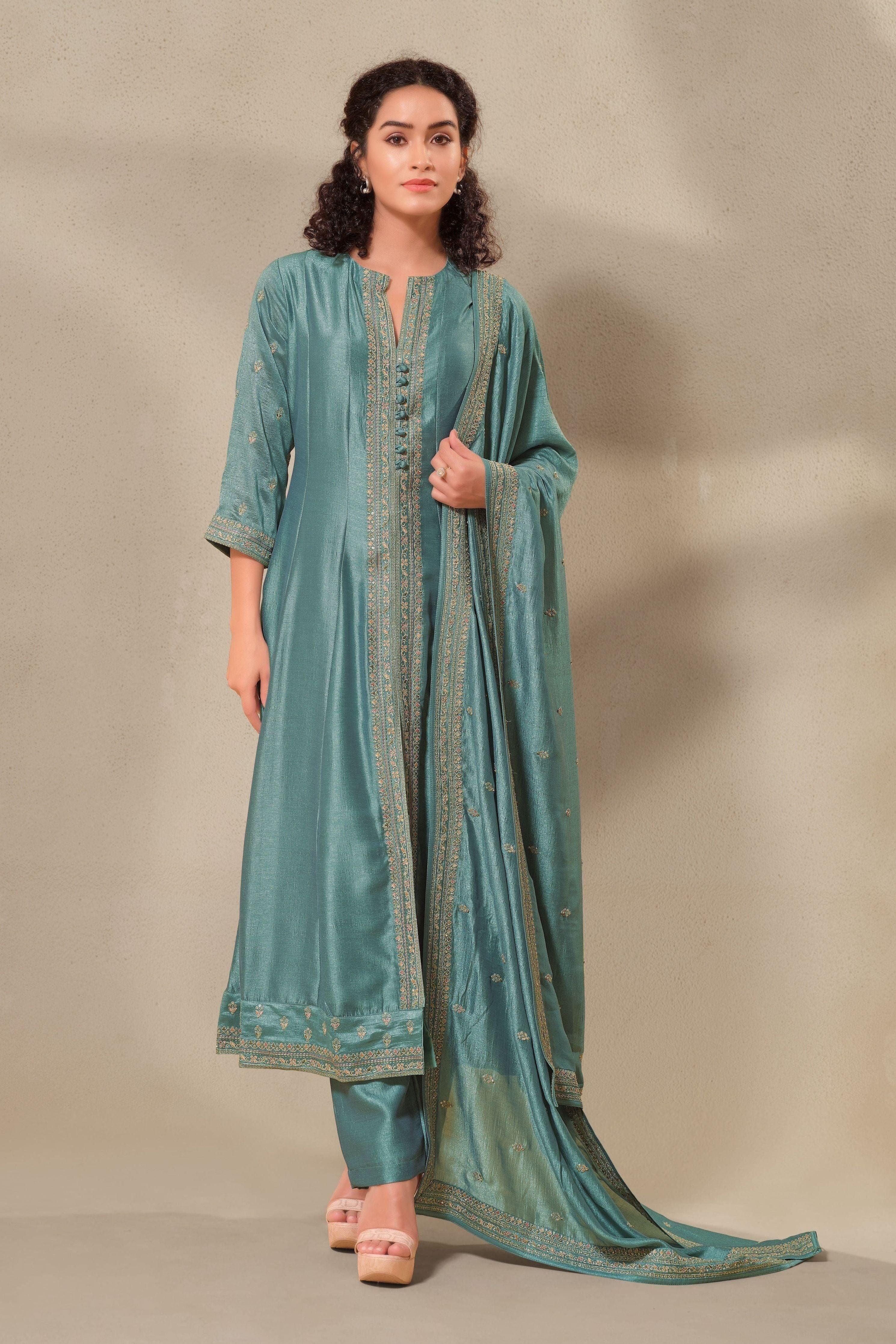 Exquisite Teal Silk Anarkali Suit Set with Satin-Silk Dupatta - Mokshaa
