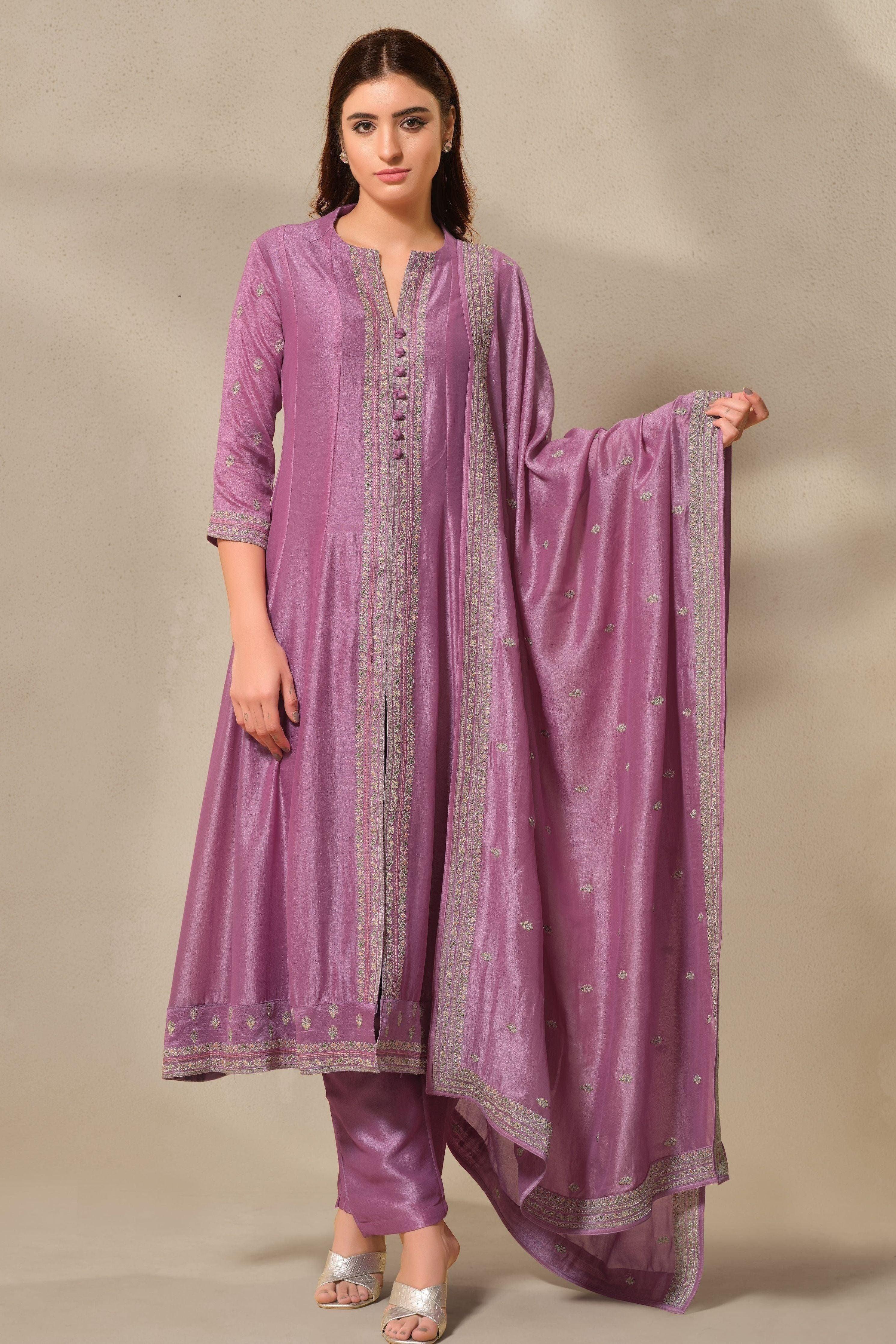 Exquisite Lilac Silk Anarkali Suit Set With Satin-Silk Dupatta - Mokshaa