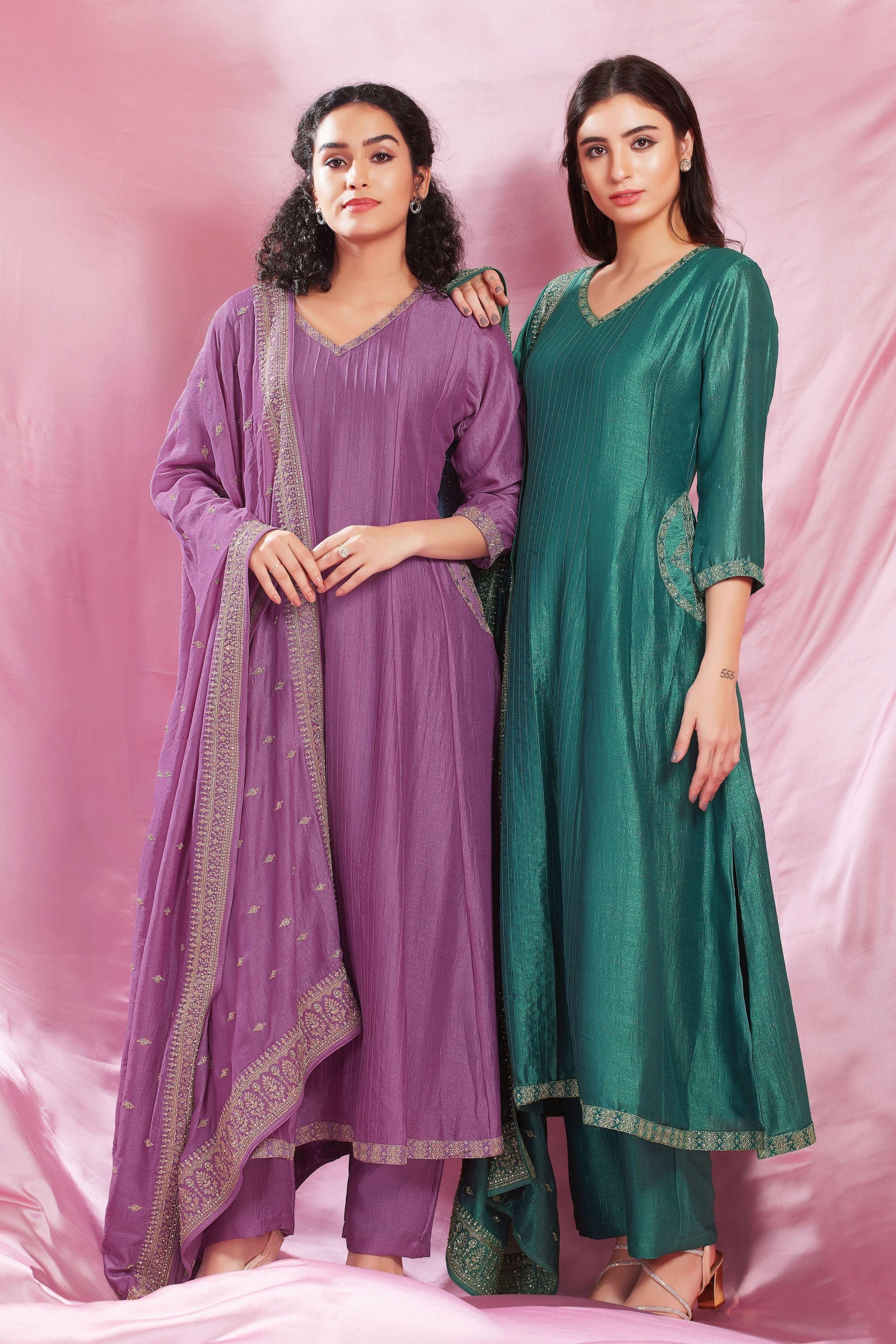 Elegant Teal Silk Anarkali Suit Set with Satin-Silk Dupatta - Mokshaa