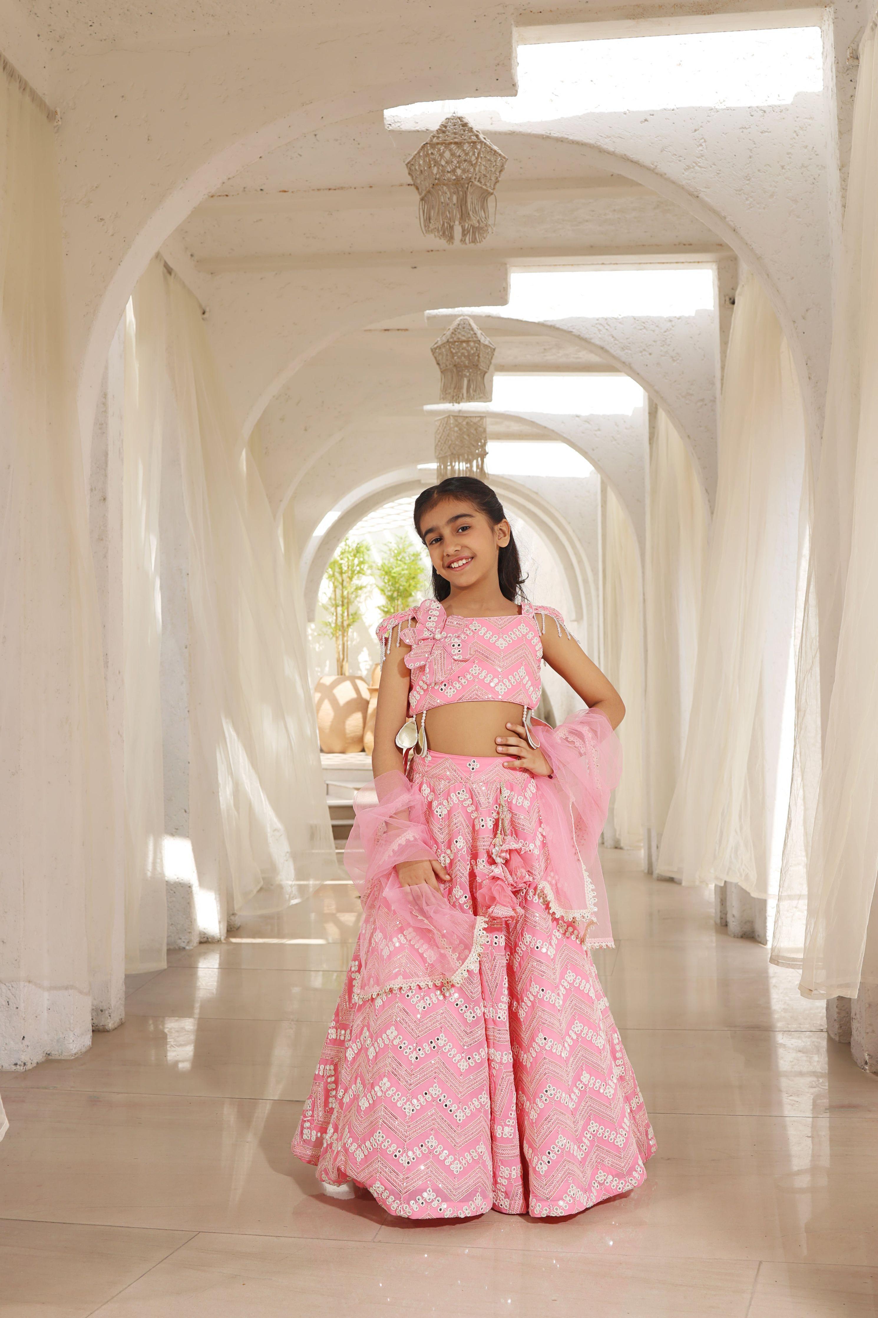 Pink Mirror Embroidered Lehenga Choli - Mokshaa