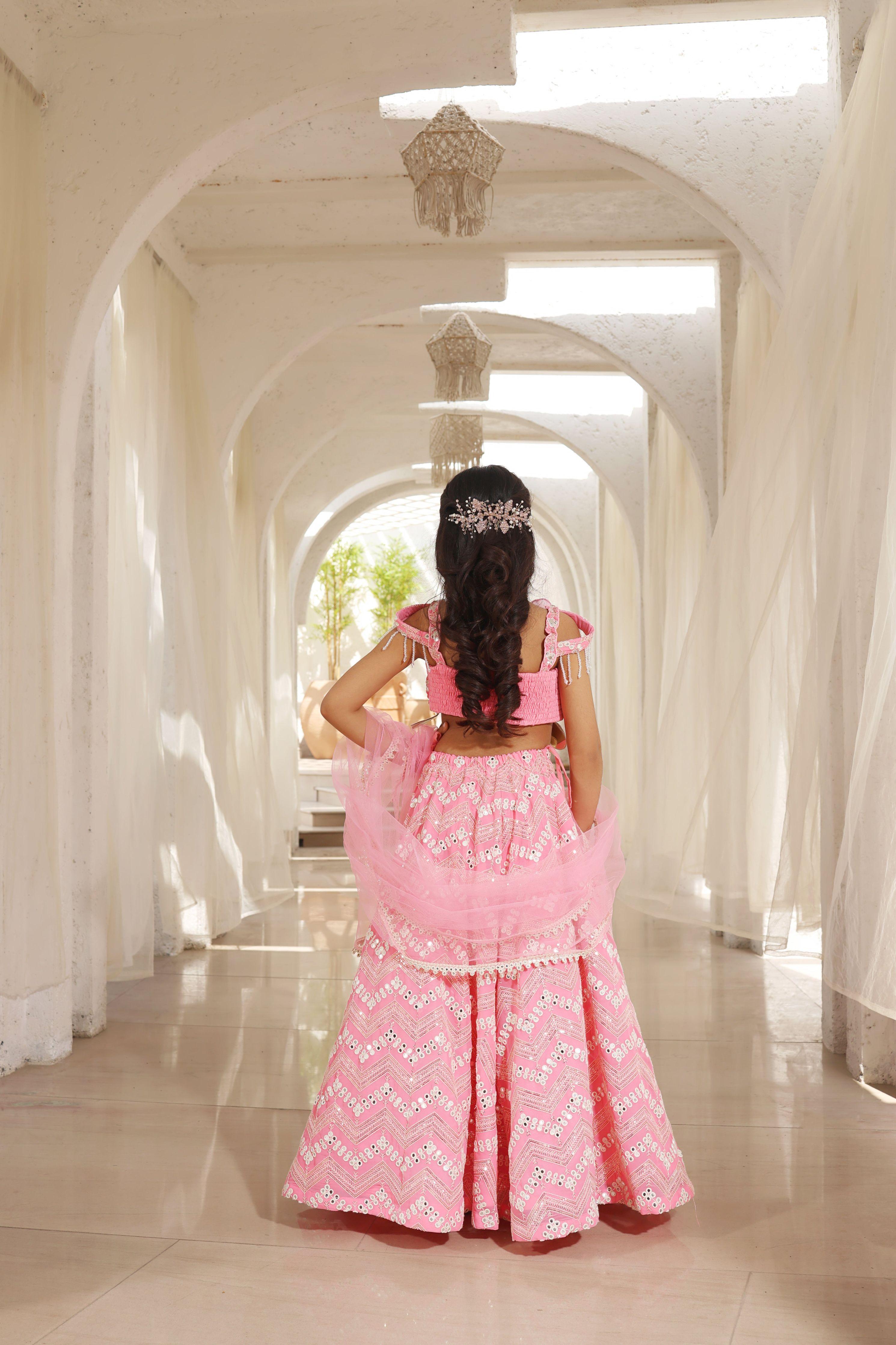 Pink Mirror Embroidered Lehenga Choli - Mokshaa
