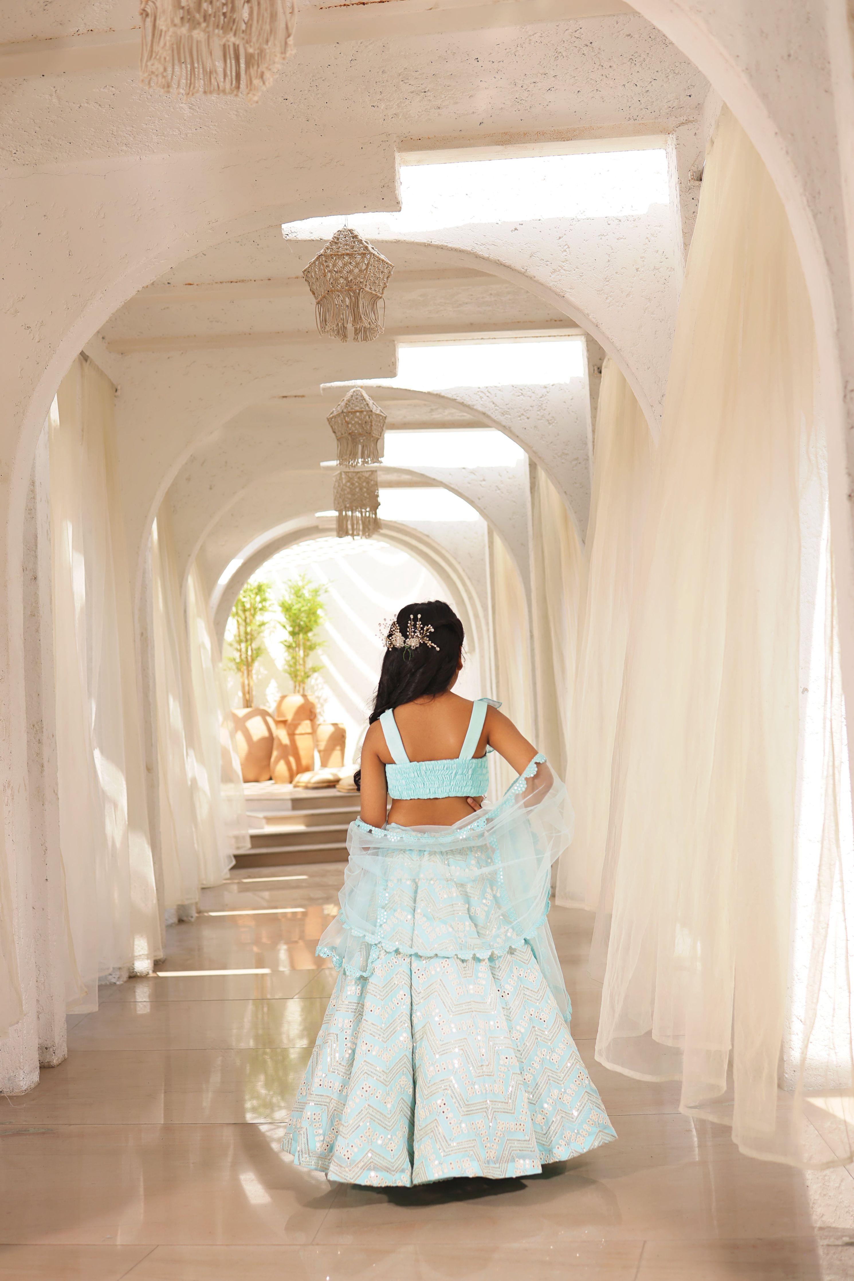 Light Blue Mirror Embroidered Lehenga Choli Set - Mokshaa