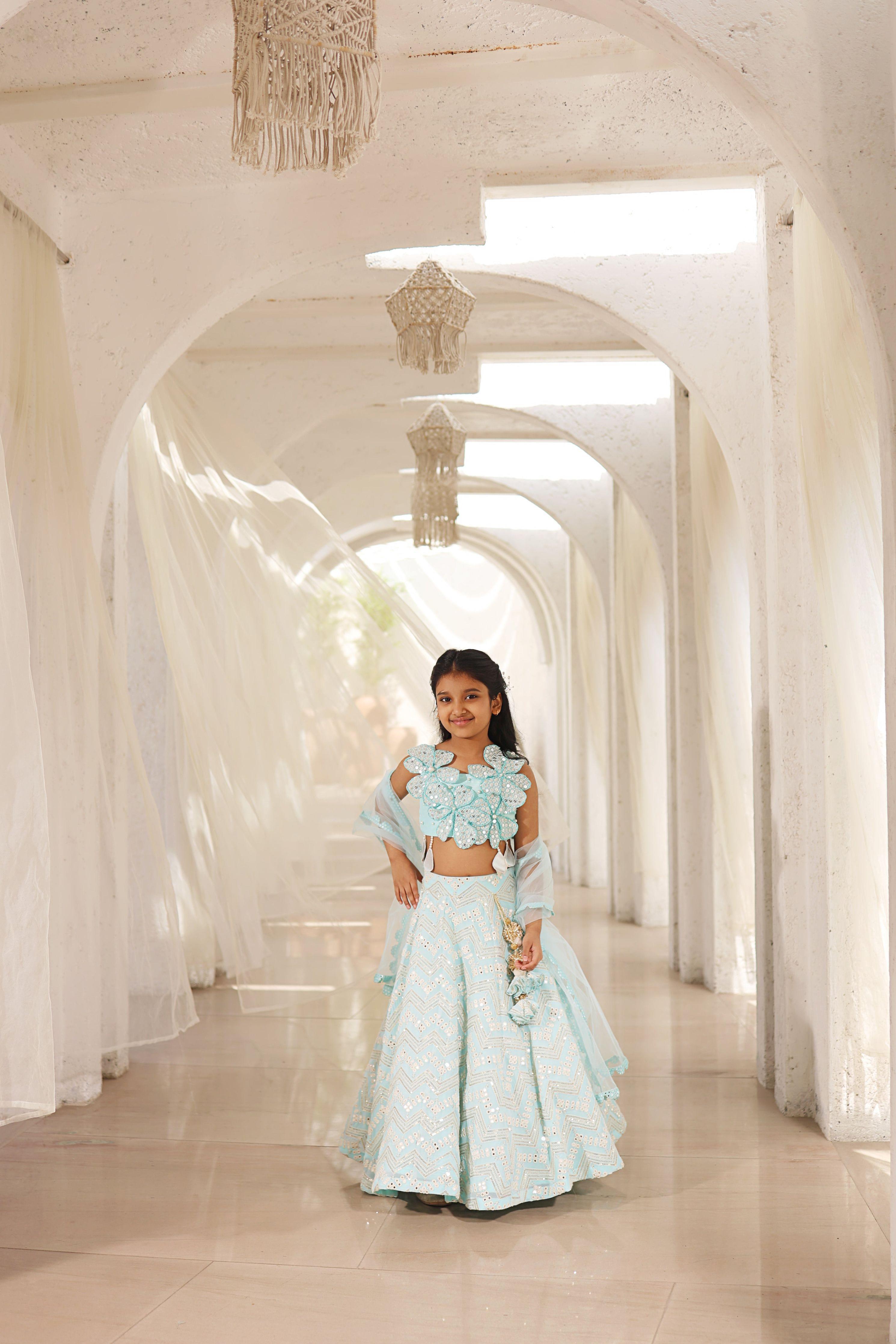 Light Blue Mirror Embroidered Lehenga Choli Set - Mokshaa