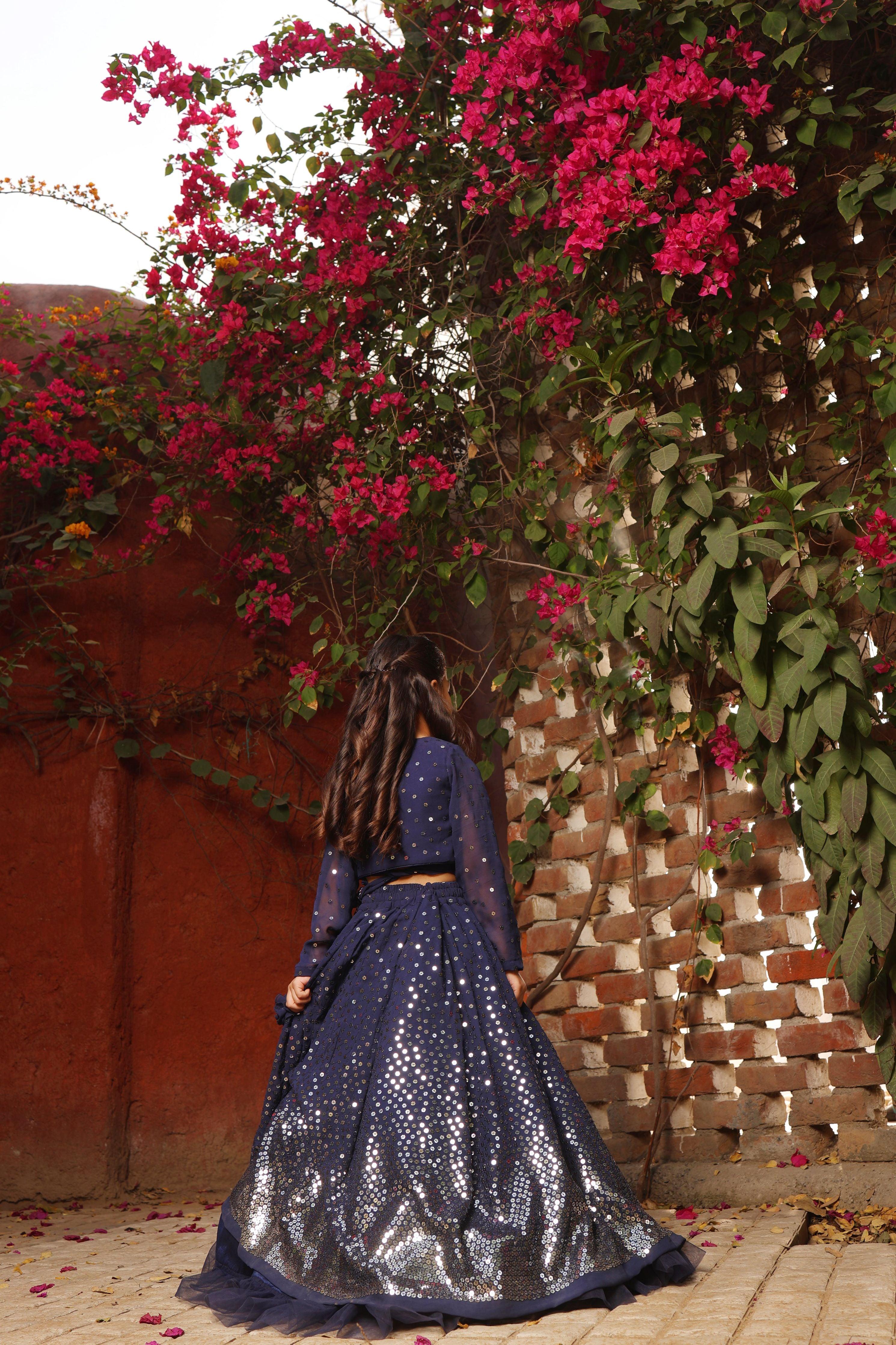 Navy Blue Embroidered Lehenga Choli Set - Mokshaa