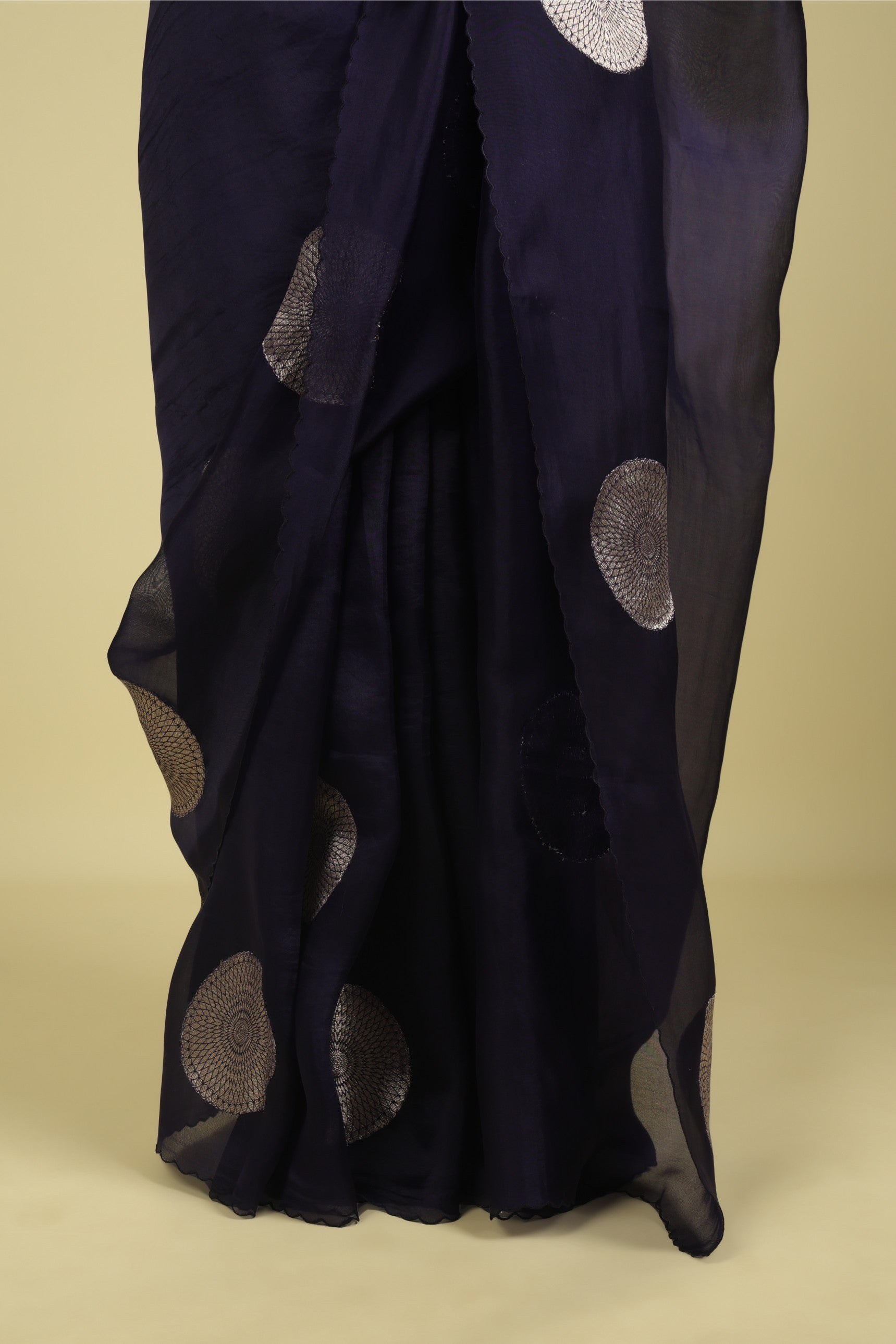 Navy Blue Organza Saree with Zari Appliqué Motifs