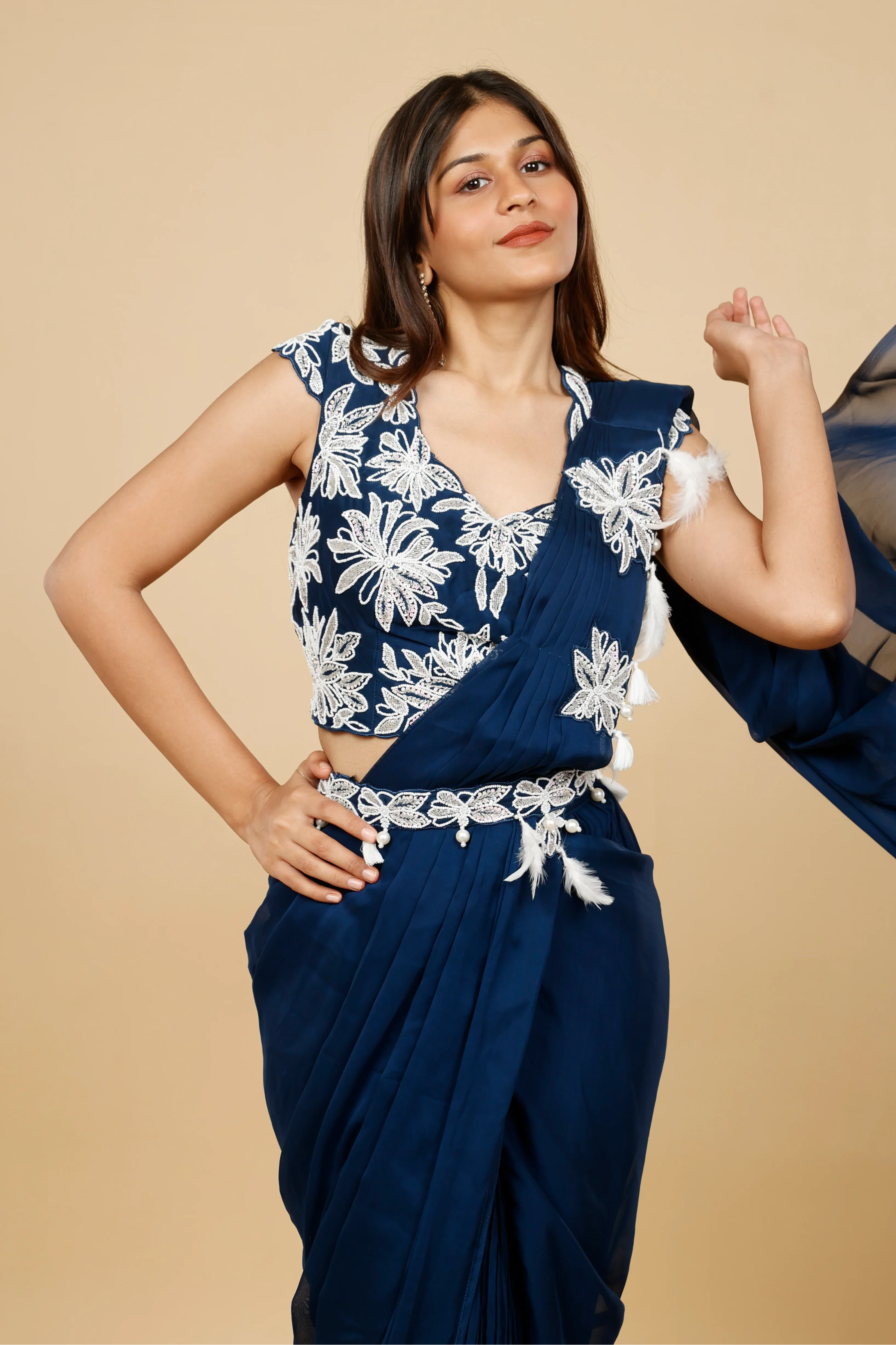 Navy Blue Organza Drape Saree with Kutdana & Pearl Embroidery - Mokshaa