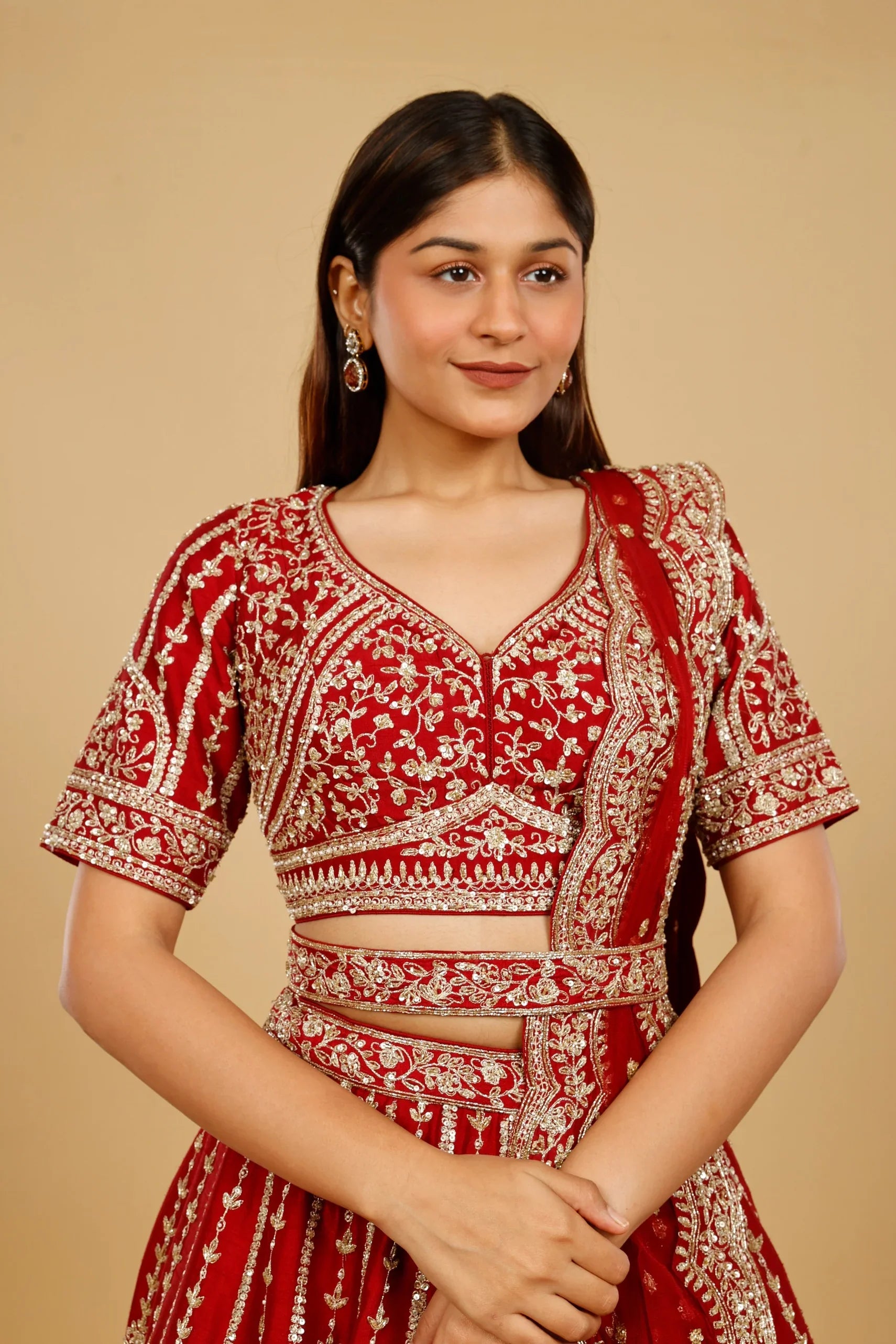 Maroon Raw Silk Bridal Lehenga Set with Zari, Sequin & Pearl Embroidery - Mokshaa