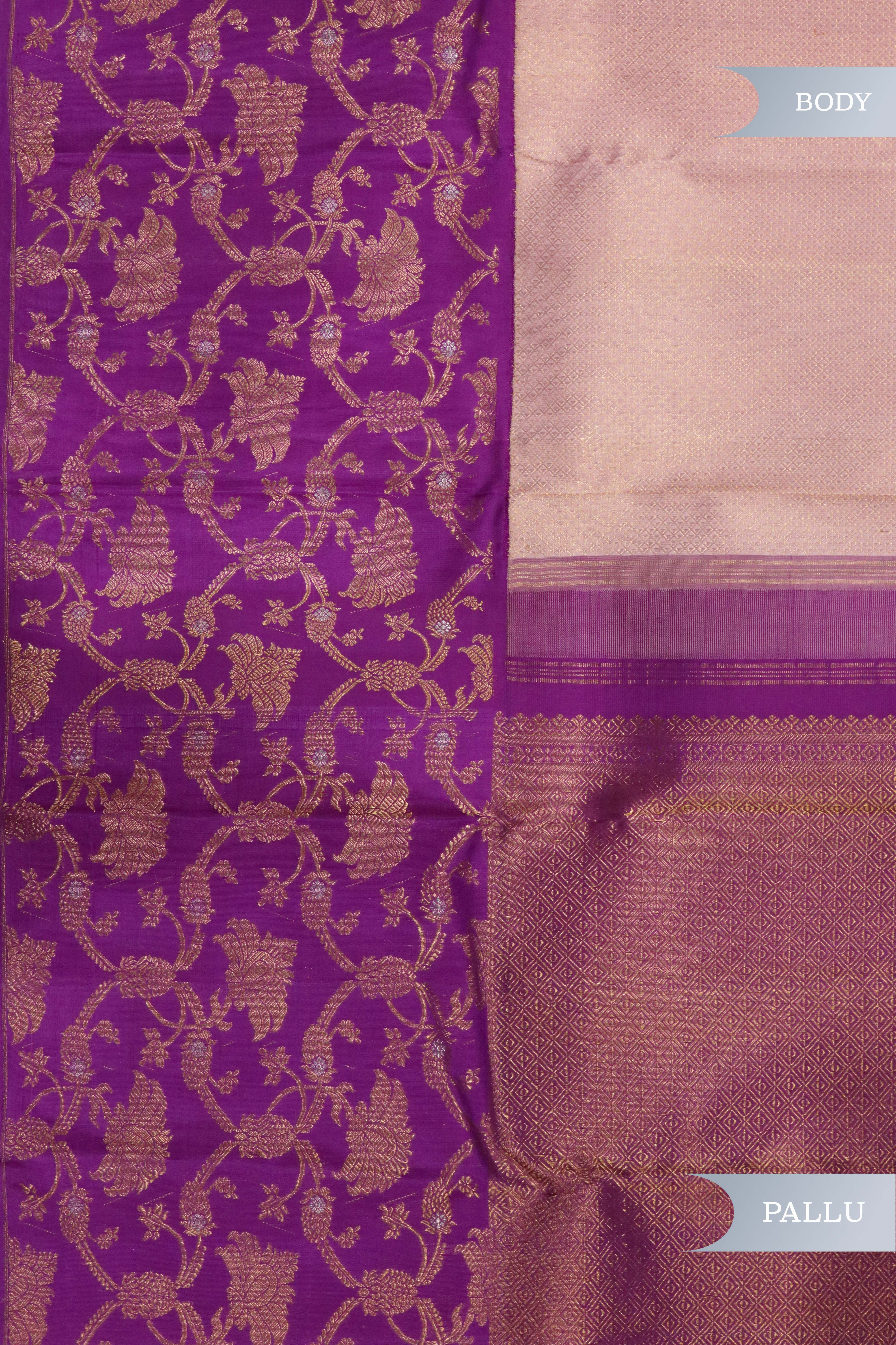 Onion Pink Kanchipuram Silk Saree with Self Zari Weaving and Contrast Zari Jaal Border