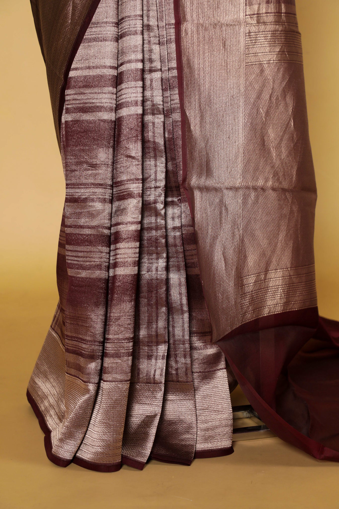 "Wine Banarasi Kora Silk Saree with Self Zari Checks & Zari Border** "