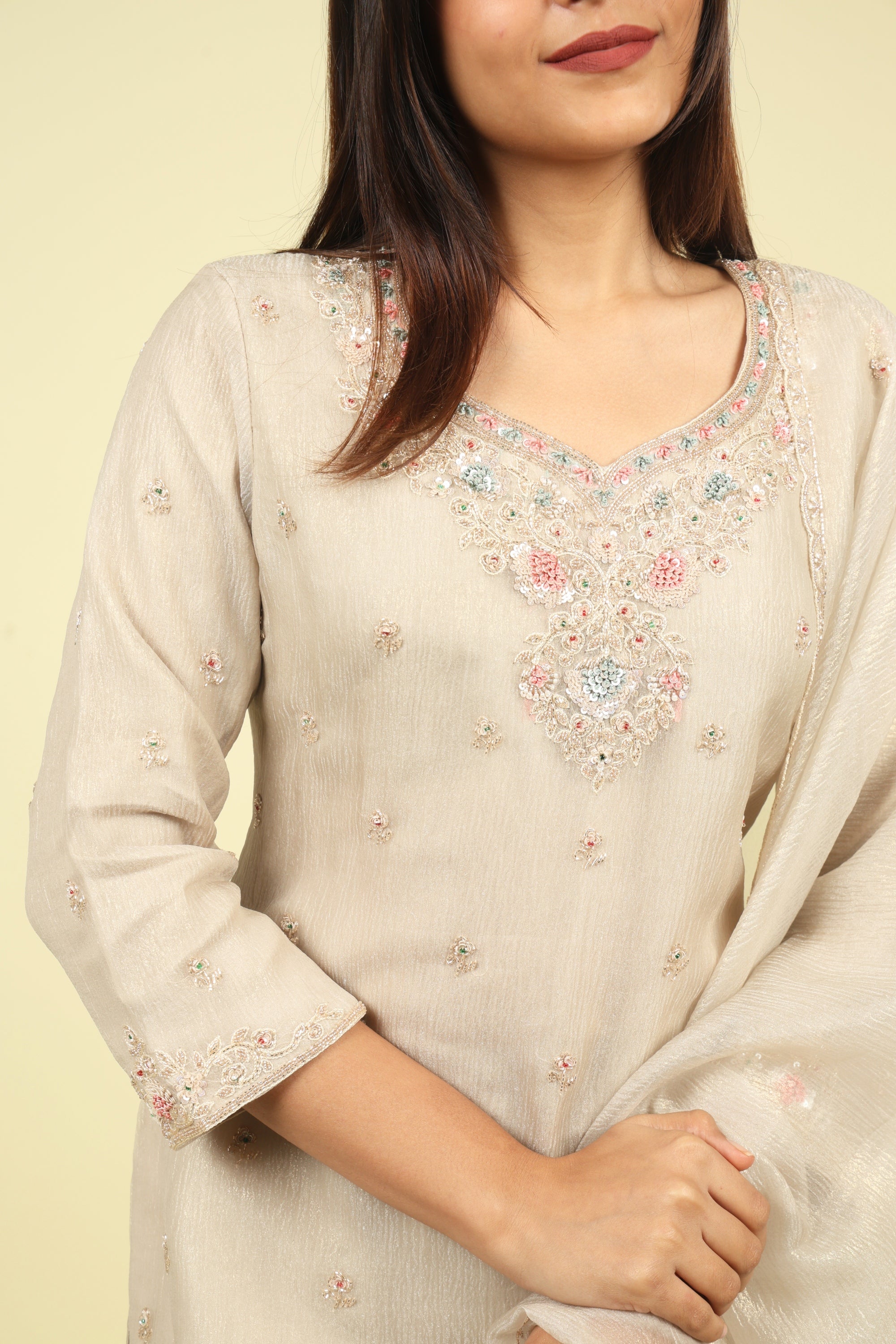 Beige Embroidered Crush Tissue Sharara Set