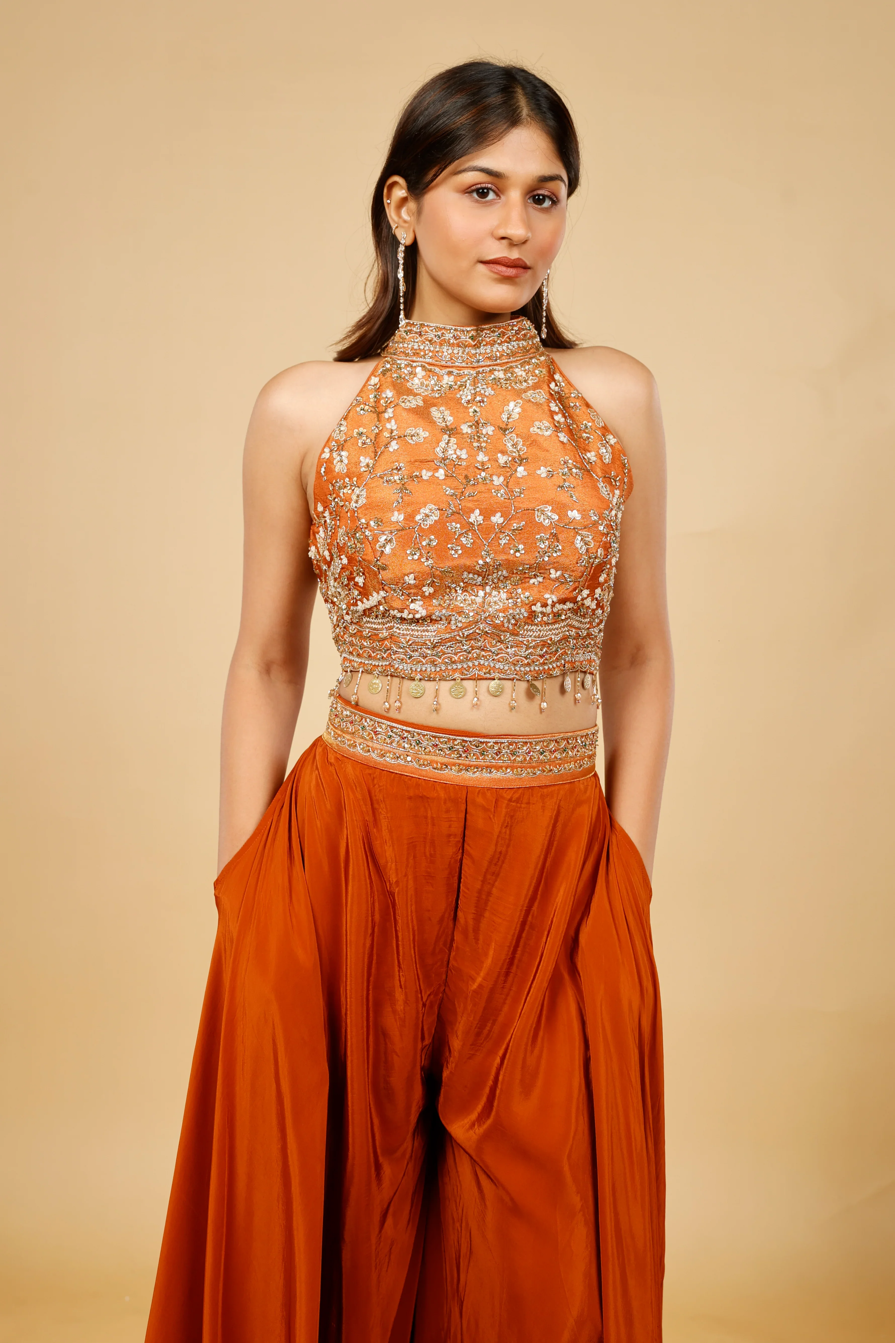 Rust Orange Crepe Silk Crop Top Palazzo Set with Sequin, Cutdana & Pearl Embroidery - Mokshaa