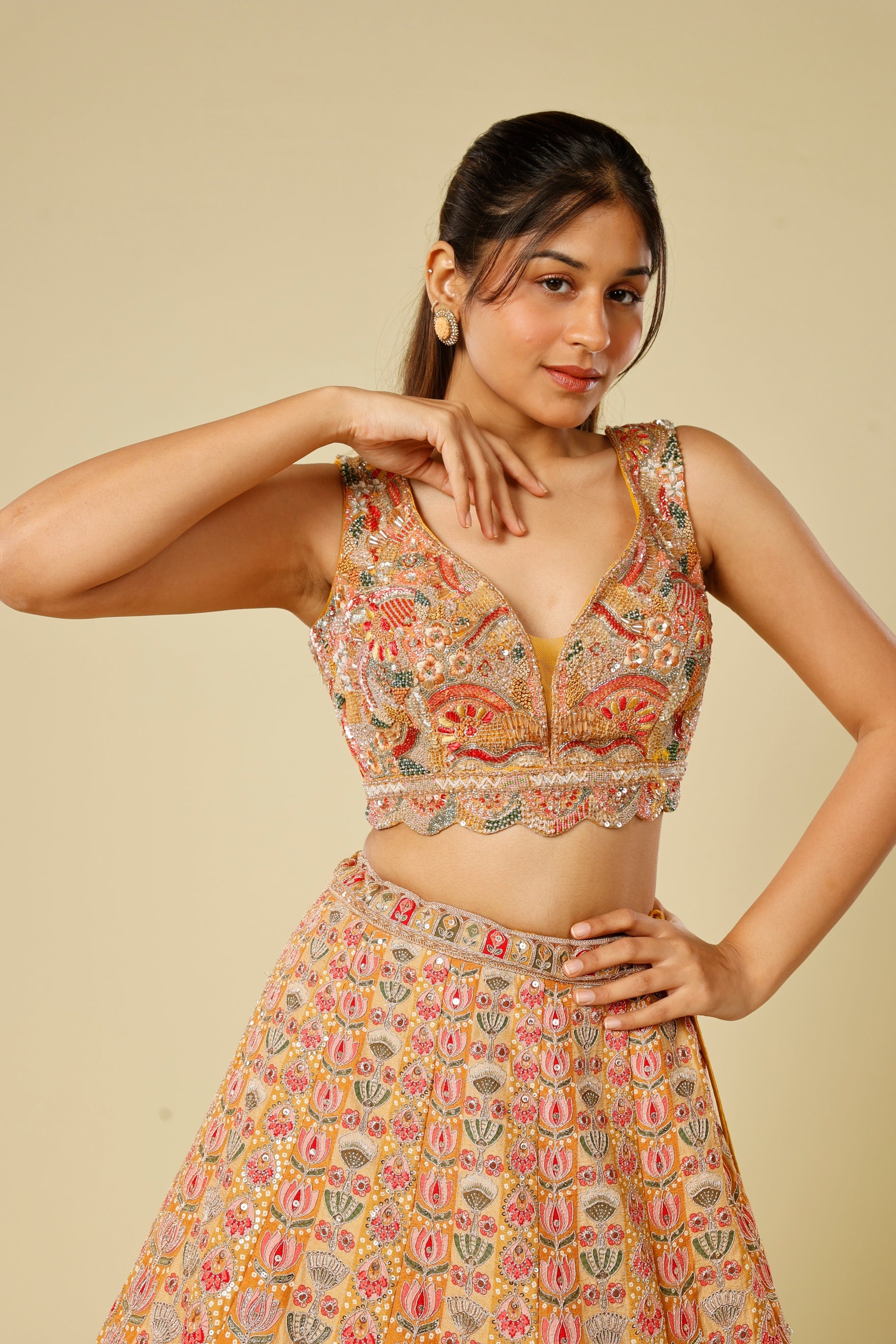 Yellow Printed Silk Lehenga Set with Zari & Sequin Embroidery