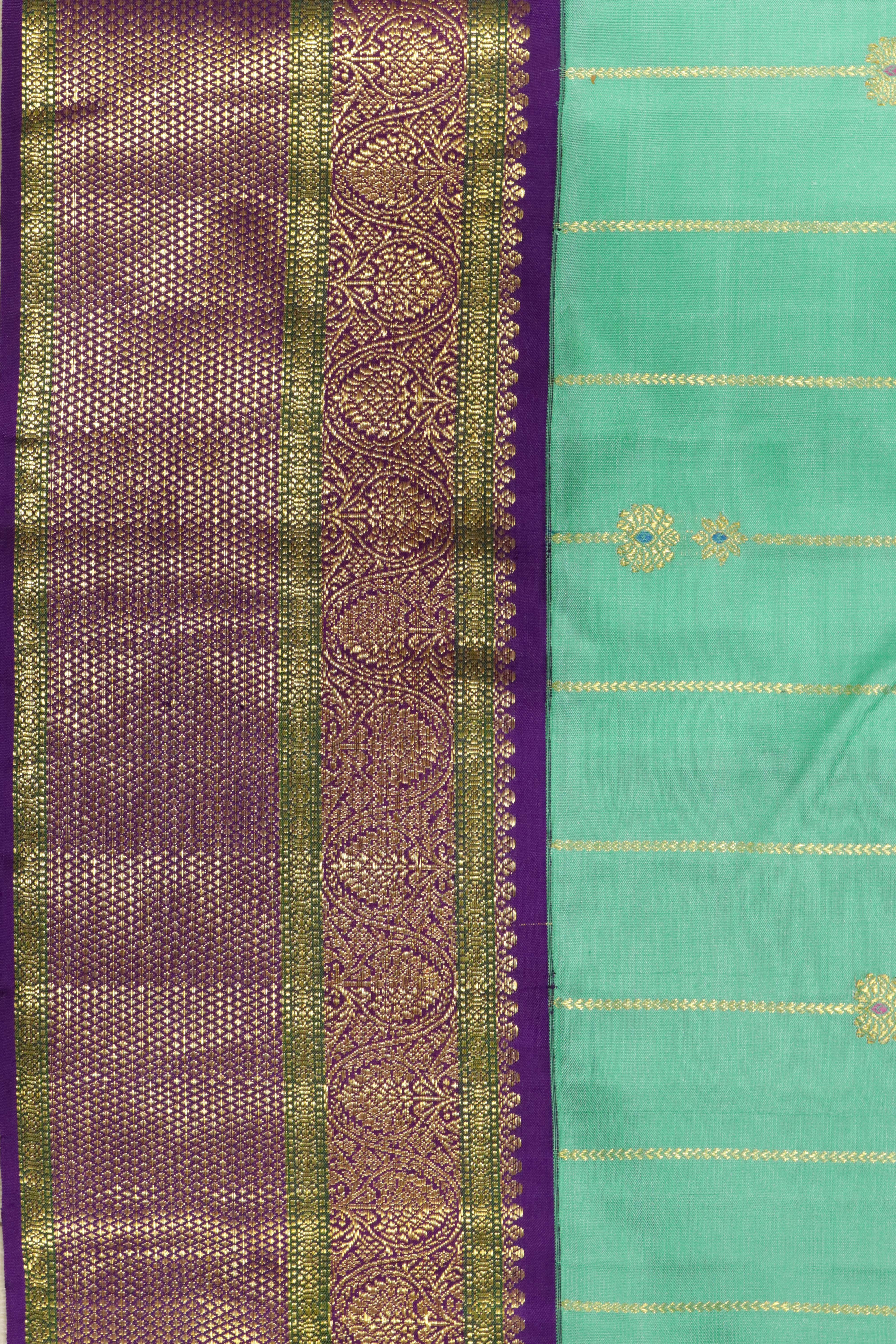 Turquoise Blue Kanchipuram Silk Saree with Zari Stripes, Buttas & Contrast Border