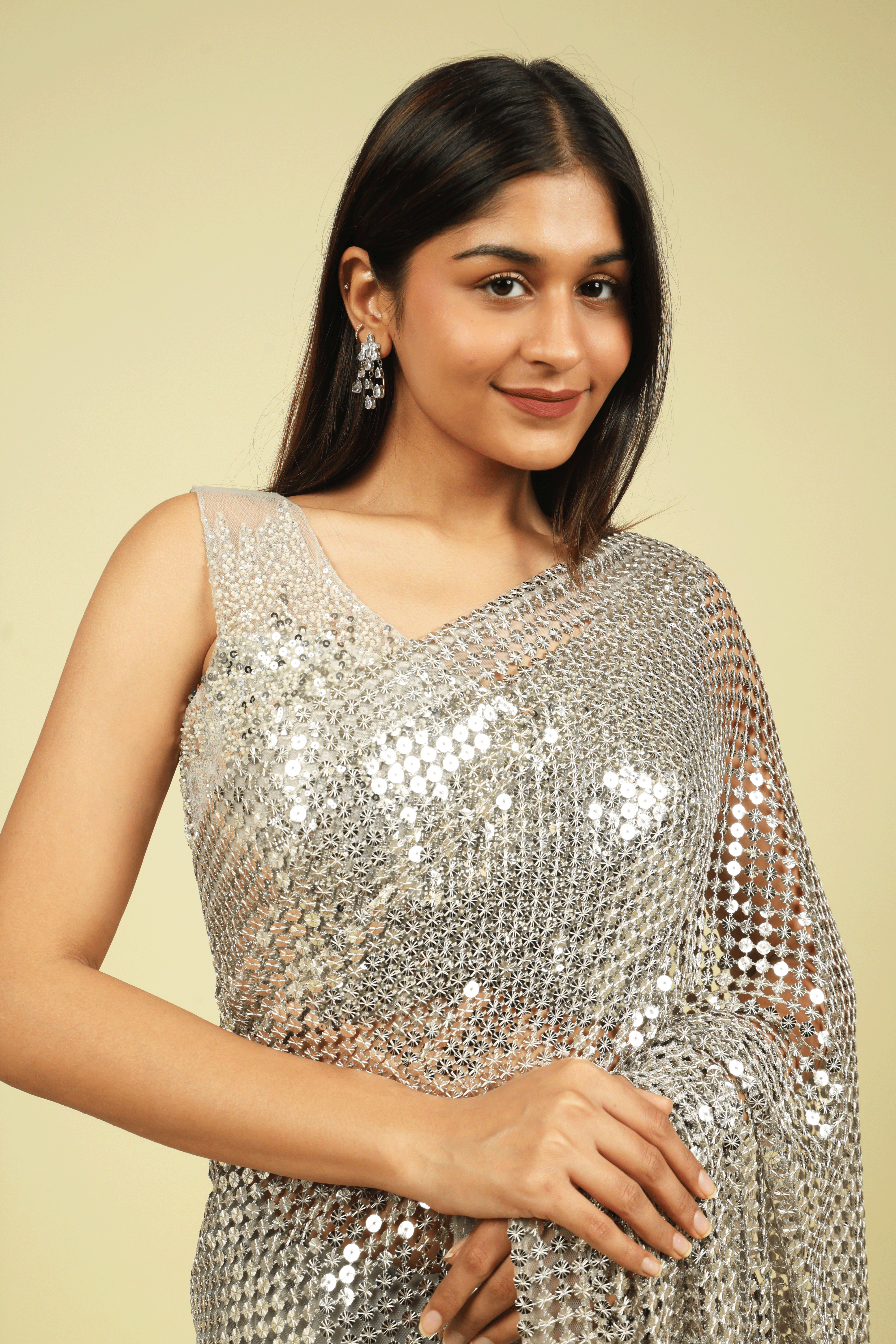 Grey Half-and-Half Metallic Mesh & Net Saree with Beads and Sequins