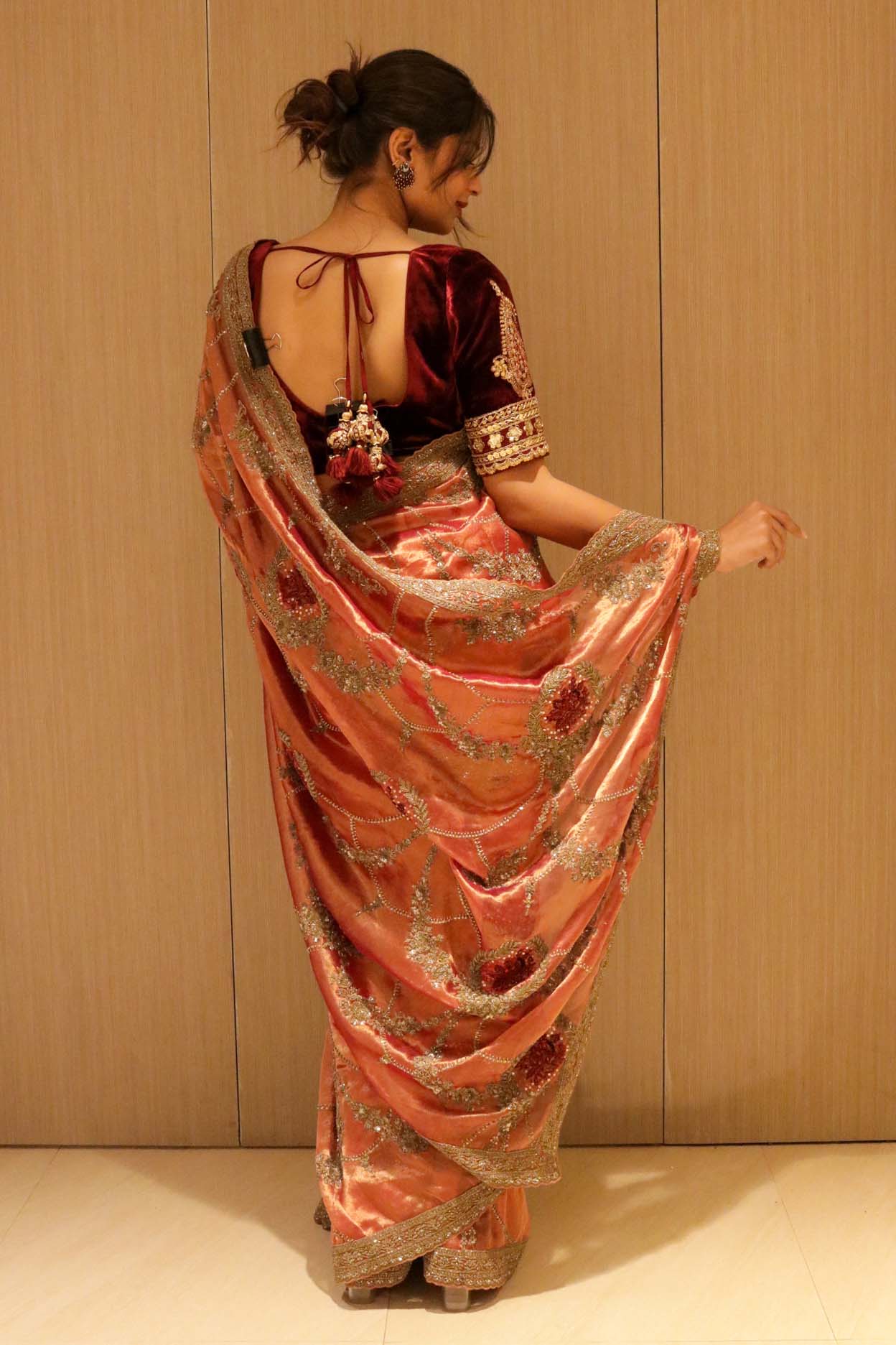 Rust Orange Tissue Saree with Antique Zardosi & Bead Work