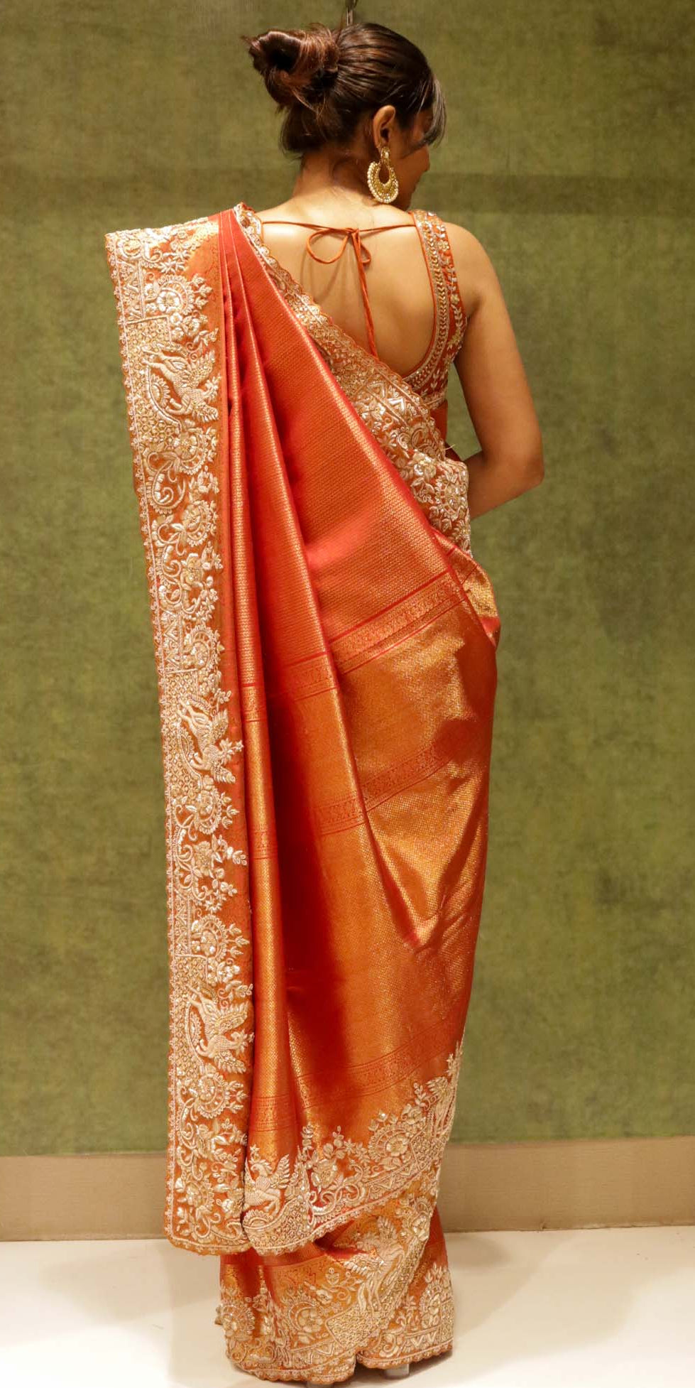 Reddish Orange Kanjivaram Silk Saree with Zardosi & Bead Work Border