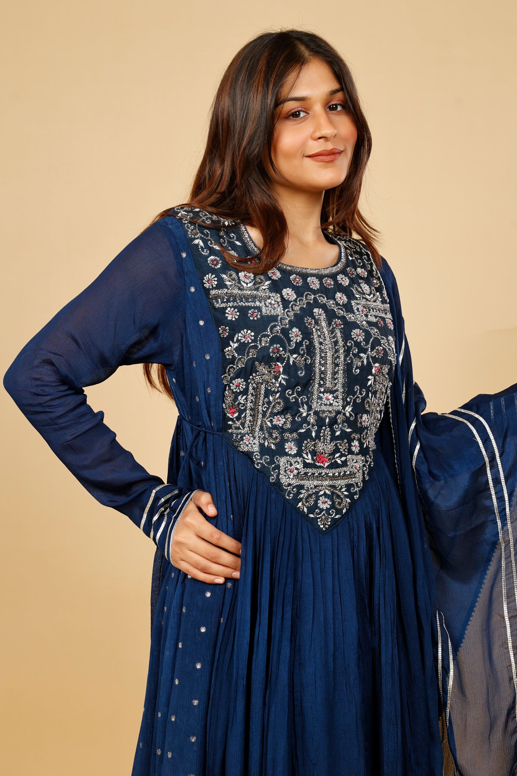 Midnight Blue Silk Anarkali Set with Gota & Kutdana Embroidery