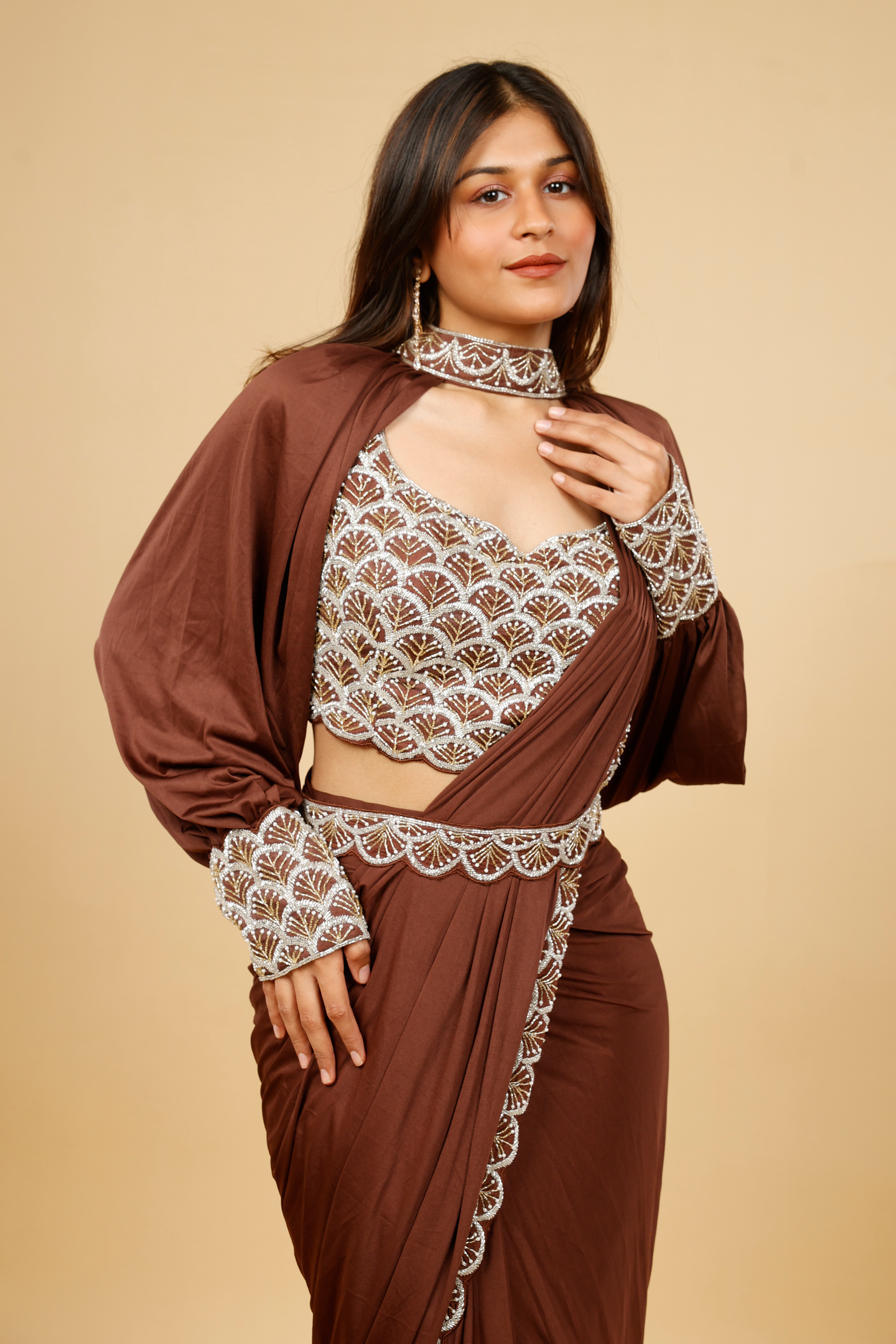 Brown Satin Lycra Drape Saree with Pearl & Cutdana Embroidery