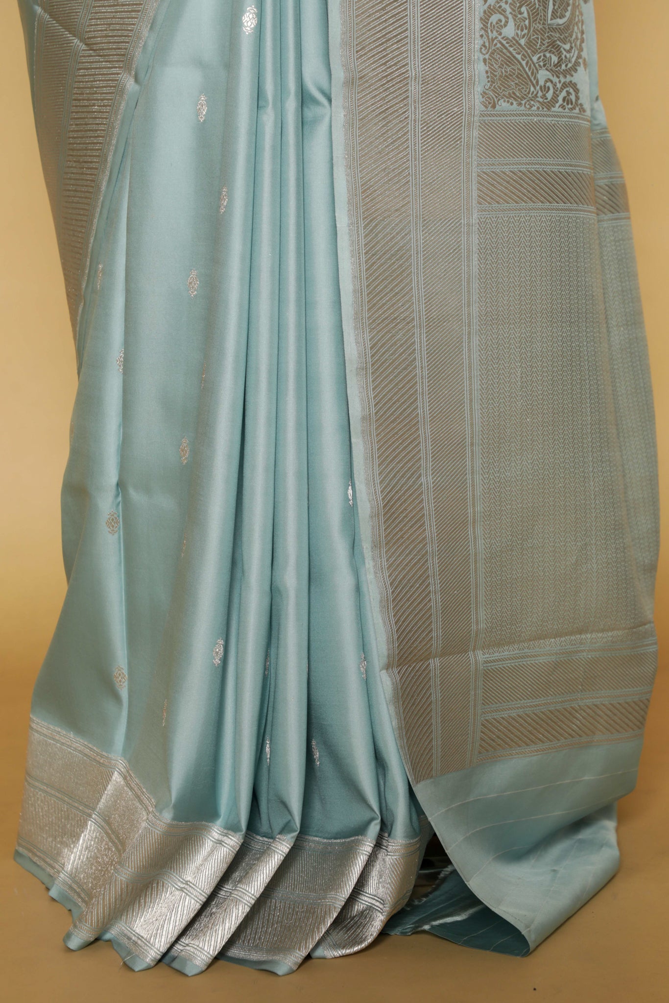 Light Blue Banarasi Mushroom Silk Saree with Silver Motifs & Silver Zari Border