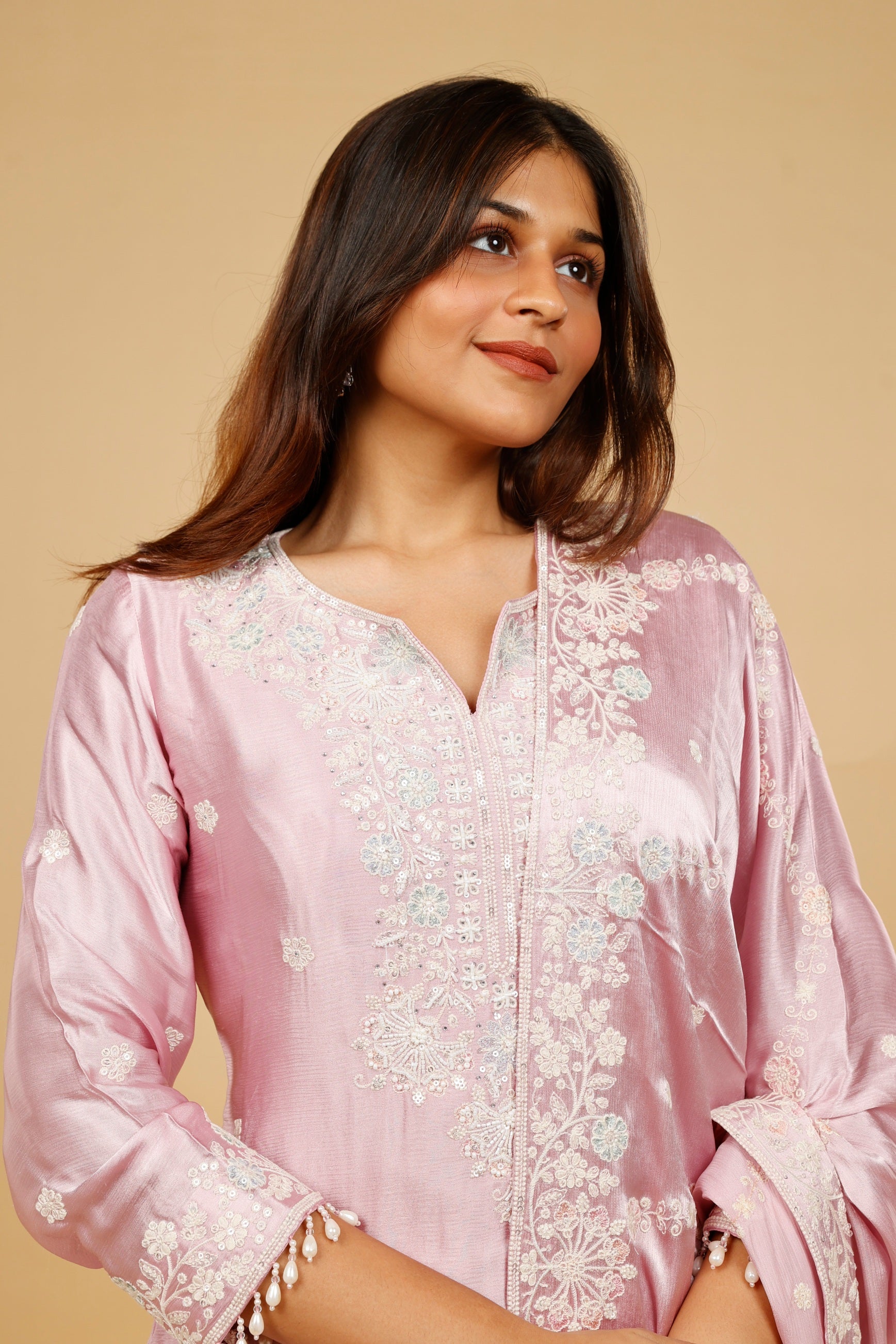 Blush Pink Chinon Silk Sharara Set with Thread, Pearl & Sequin Embroidery