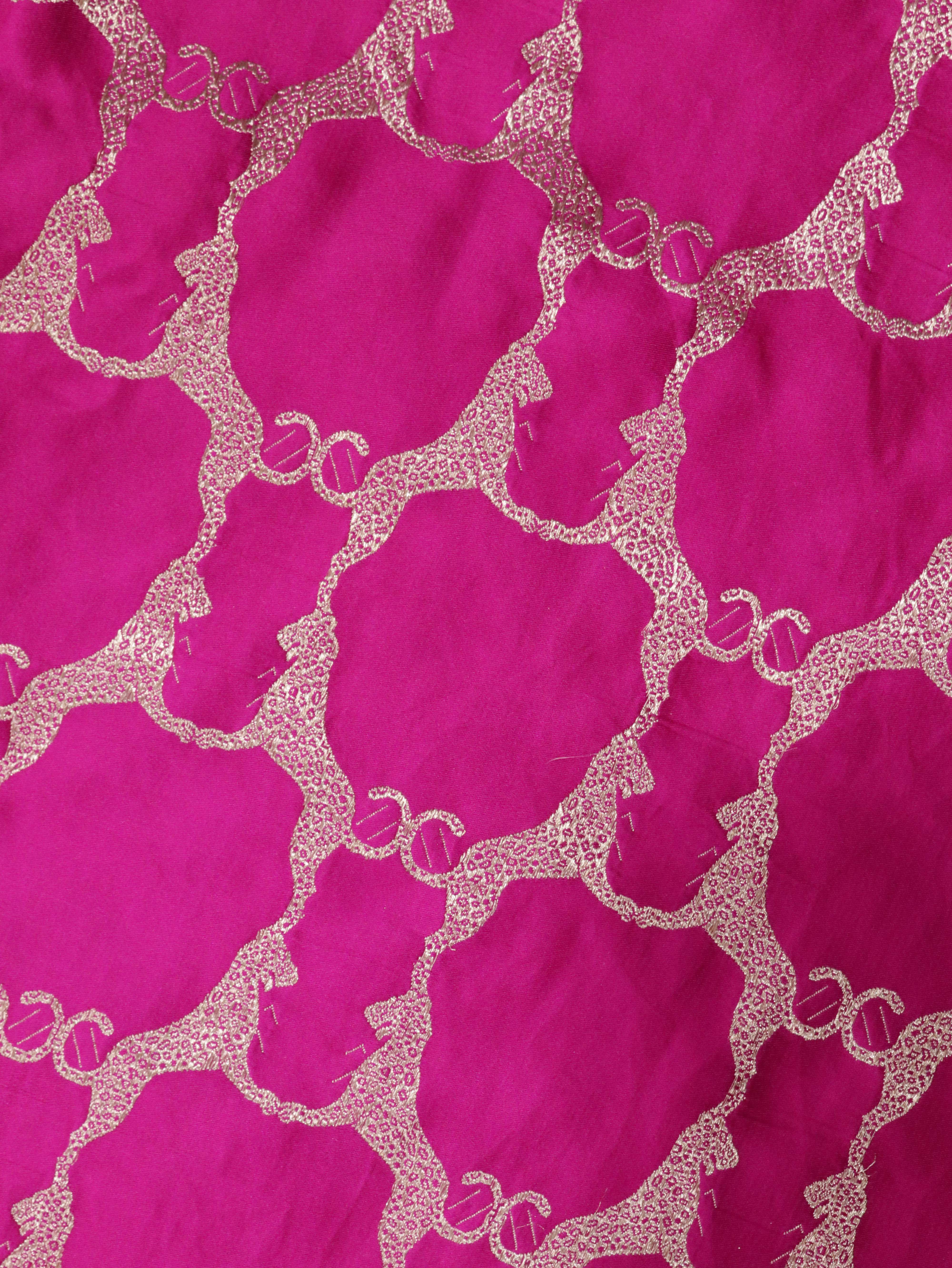 Rani Pink Banarasi Mushroom Silk Saree with Silver Zari Tiger Jaal**