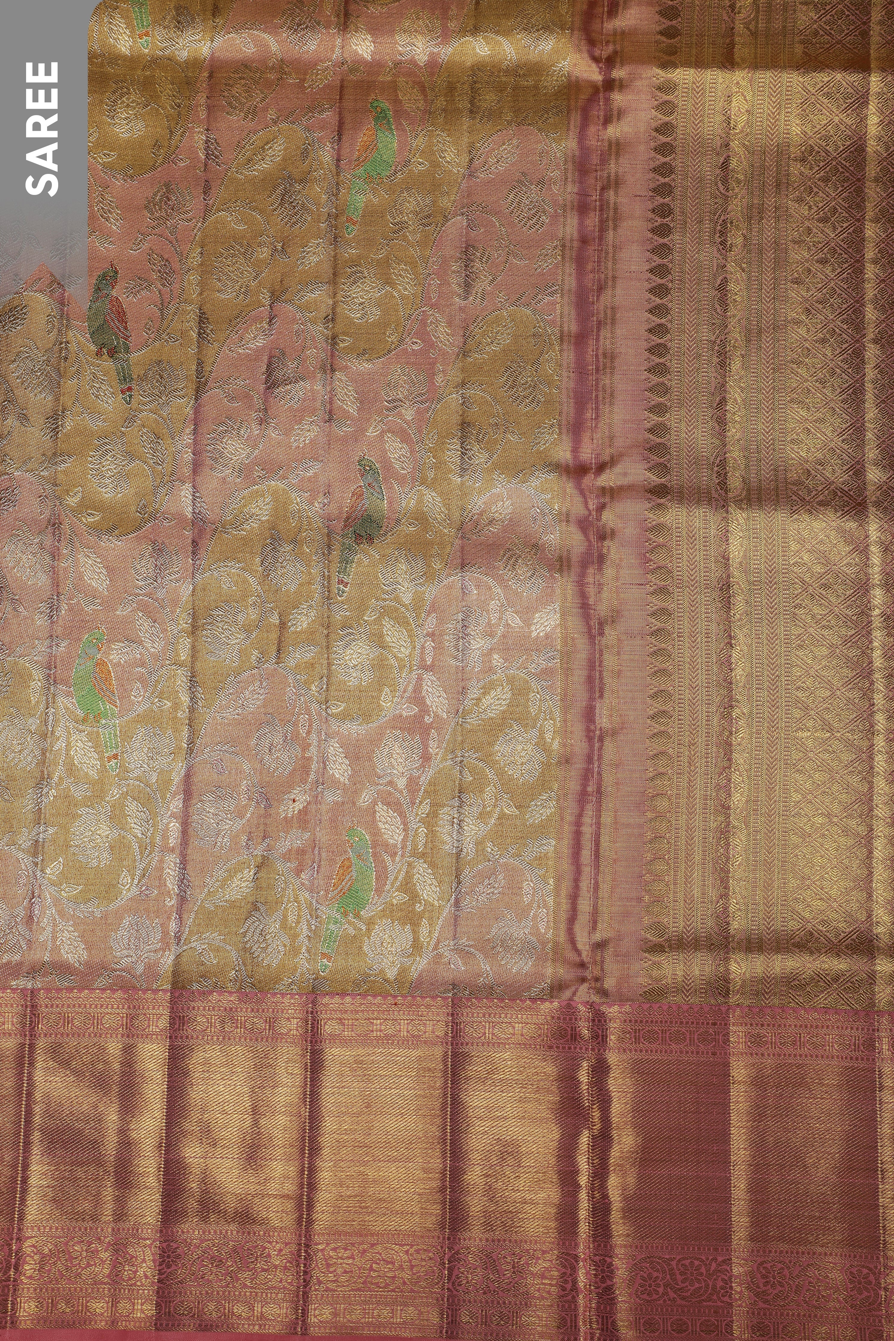 Gold Tissue Silk Saree with Coral-Mustard Base and Parrot Motifs Mokshaa