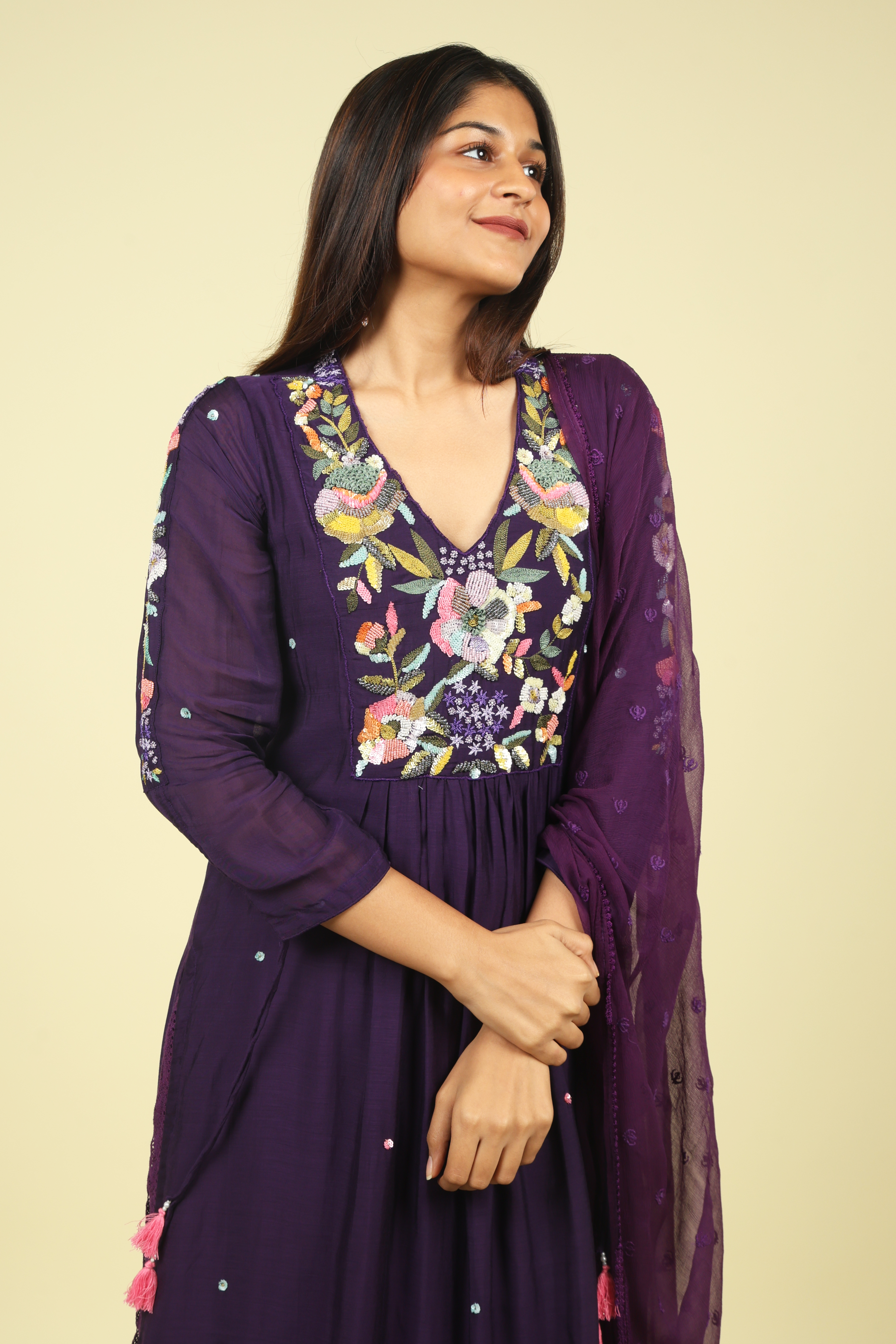 Purple Embroidered Mul Chanderi Salwar Set