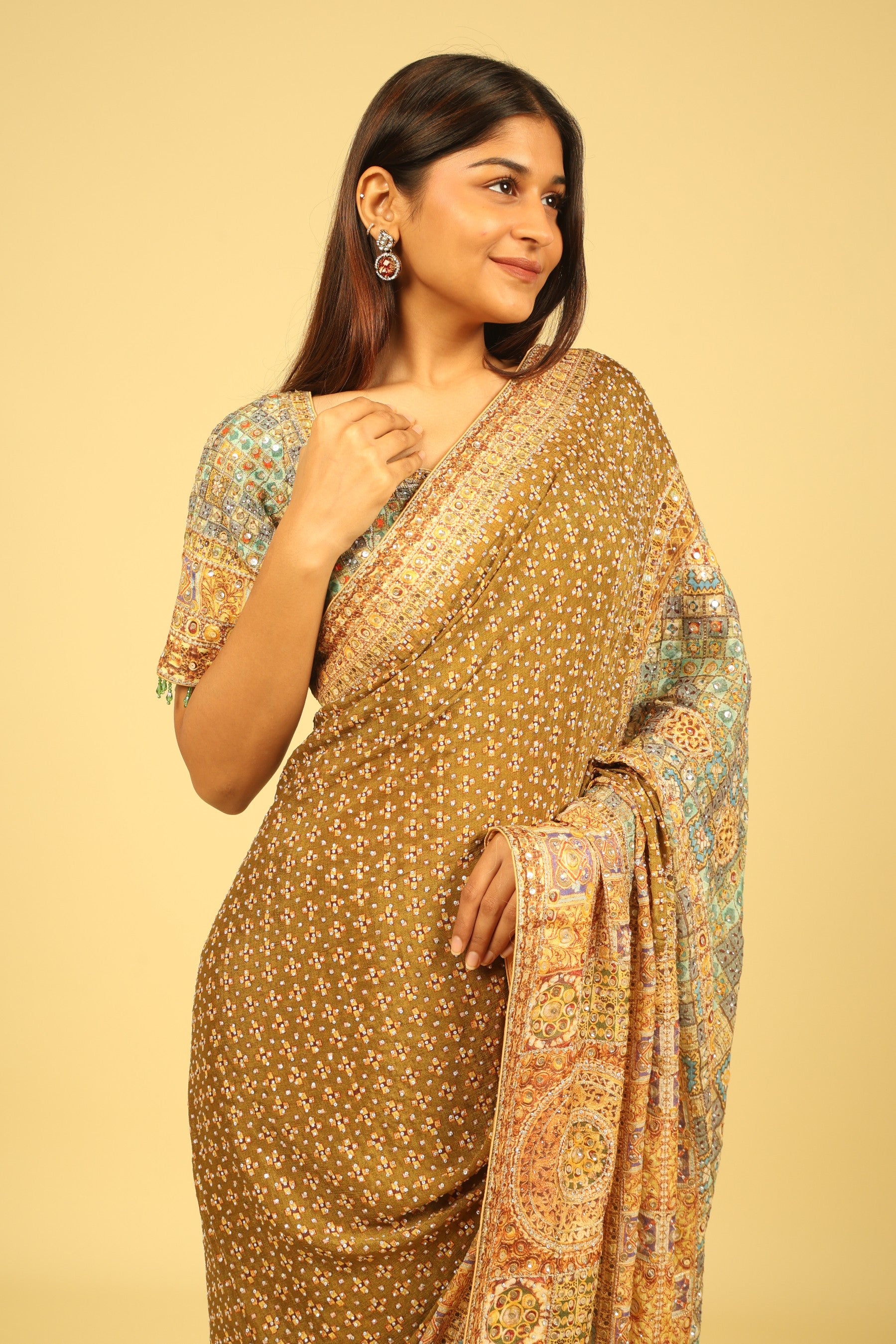 Dusty Green Soft Georgette Saree with Multicolour Digital Print, Sequin & Mirror Highlights