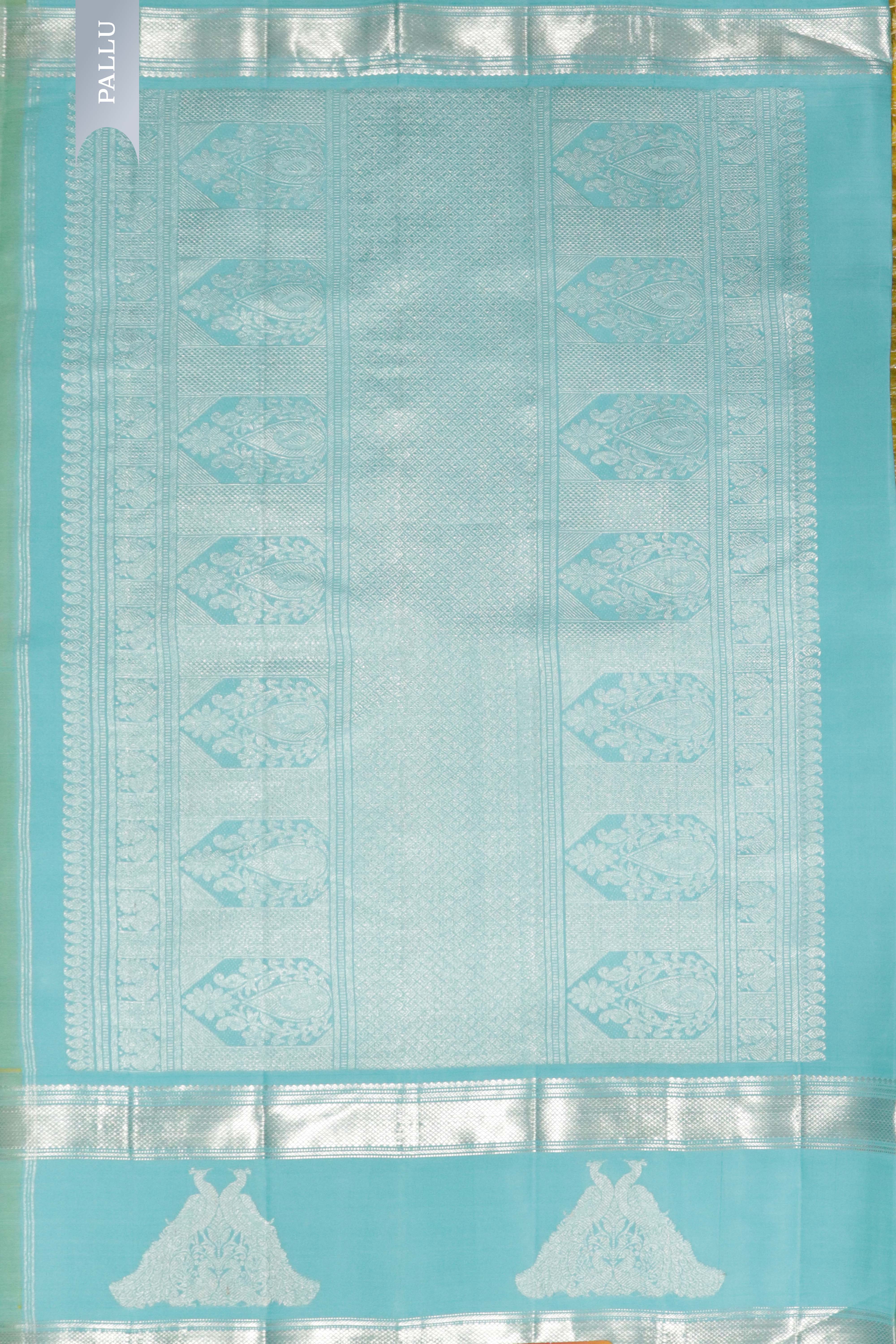 Yellow Kanchipuram Silk Saree with Silver Zari Horizontal Weaving Lines and Fancy Border