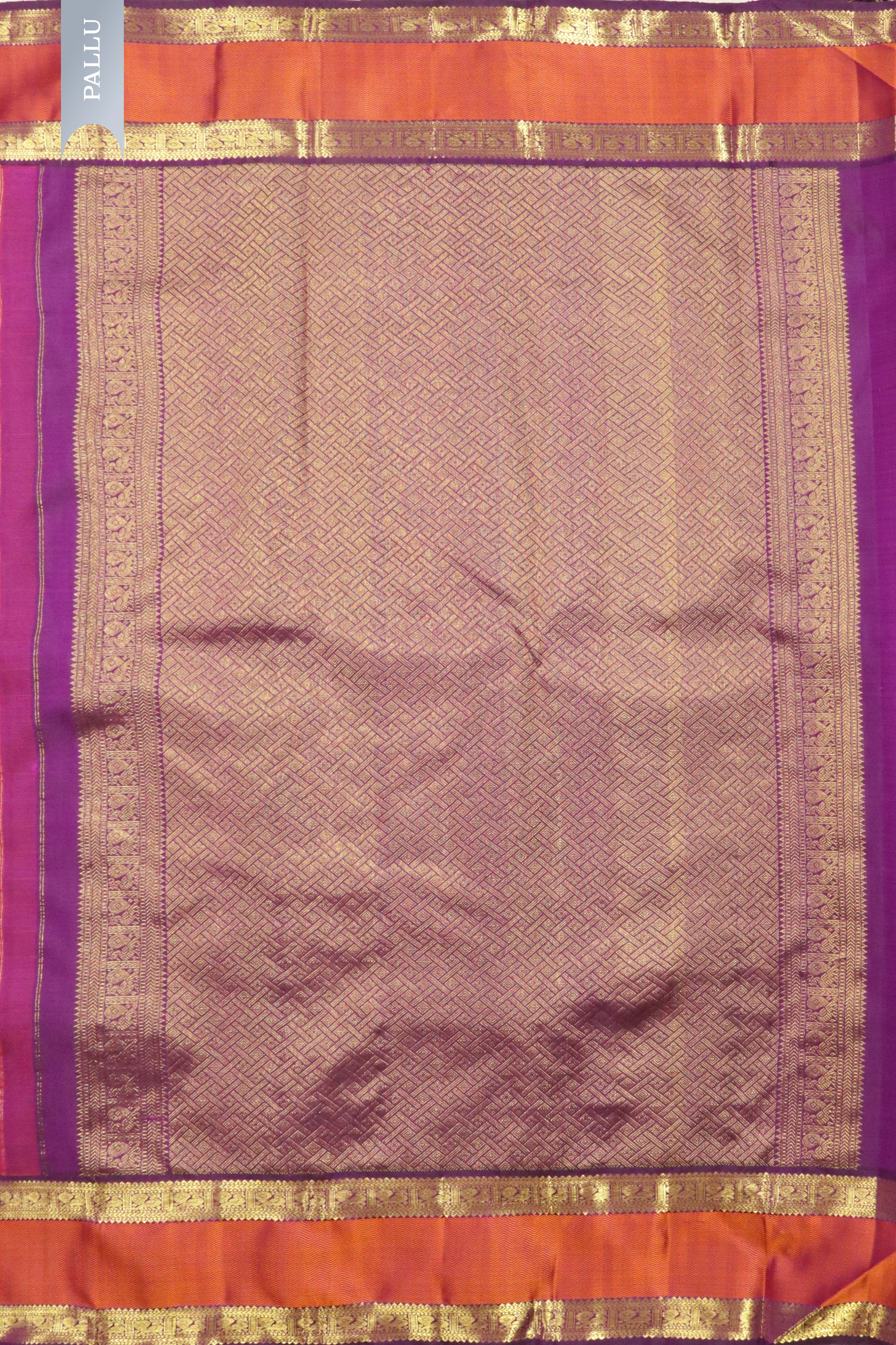 Orange Kanchipuram Silk Saree with Zari Horizontal Lines & Thread Weaving Border
