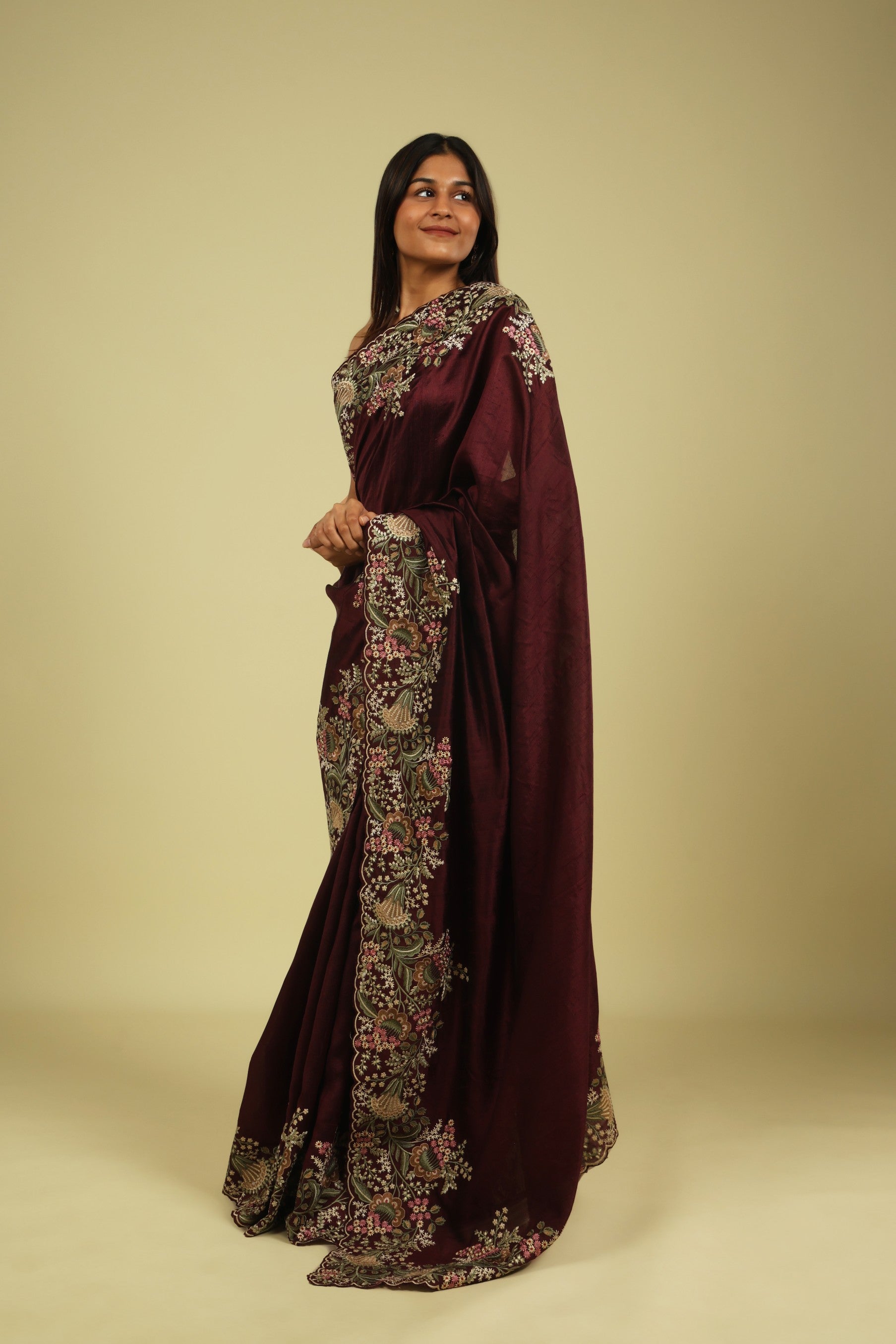 Dark Wine Handloom Tussar Saree with Multi-Thread Embroidered Border