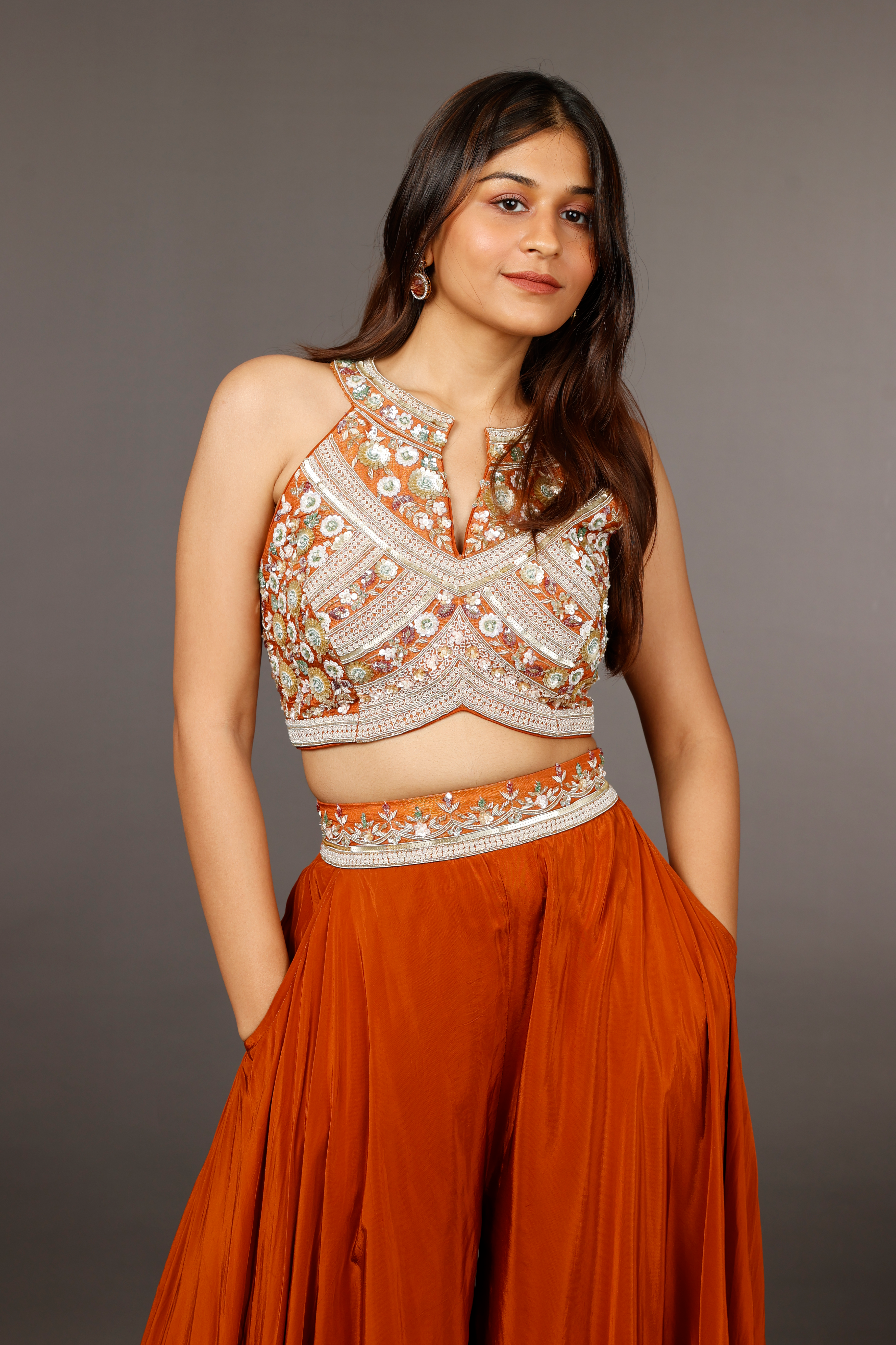 Rust Orange Crepe Silk Crop Top with Palazzo, Tissue Halter Blouse