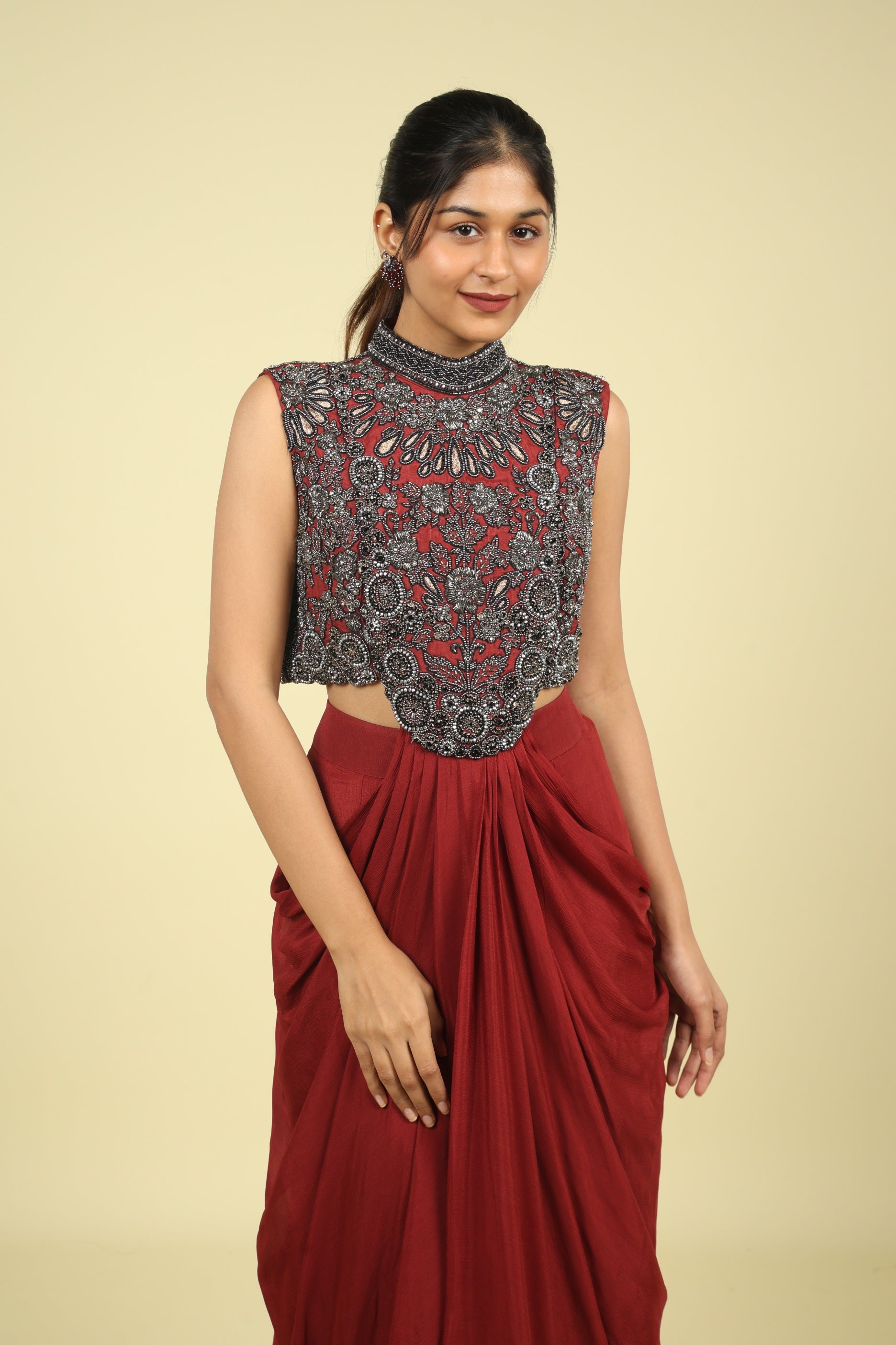 Maroon Draped Indo-Western Silk Set with Metallic & Thread Embroidery - Mokshaa