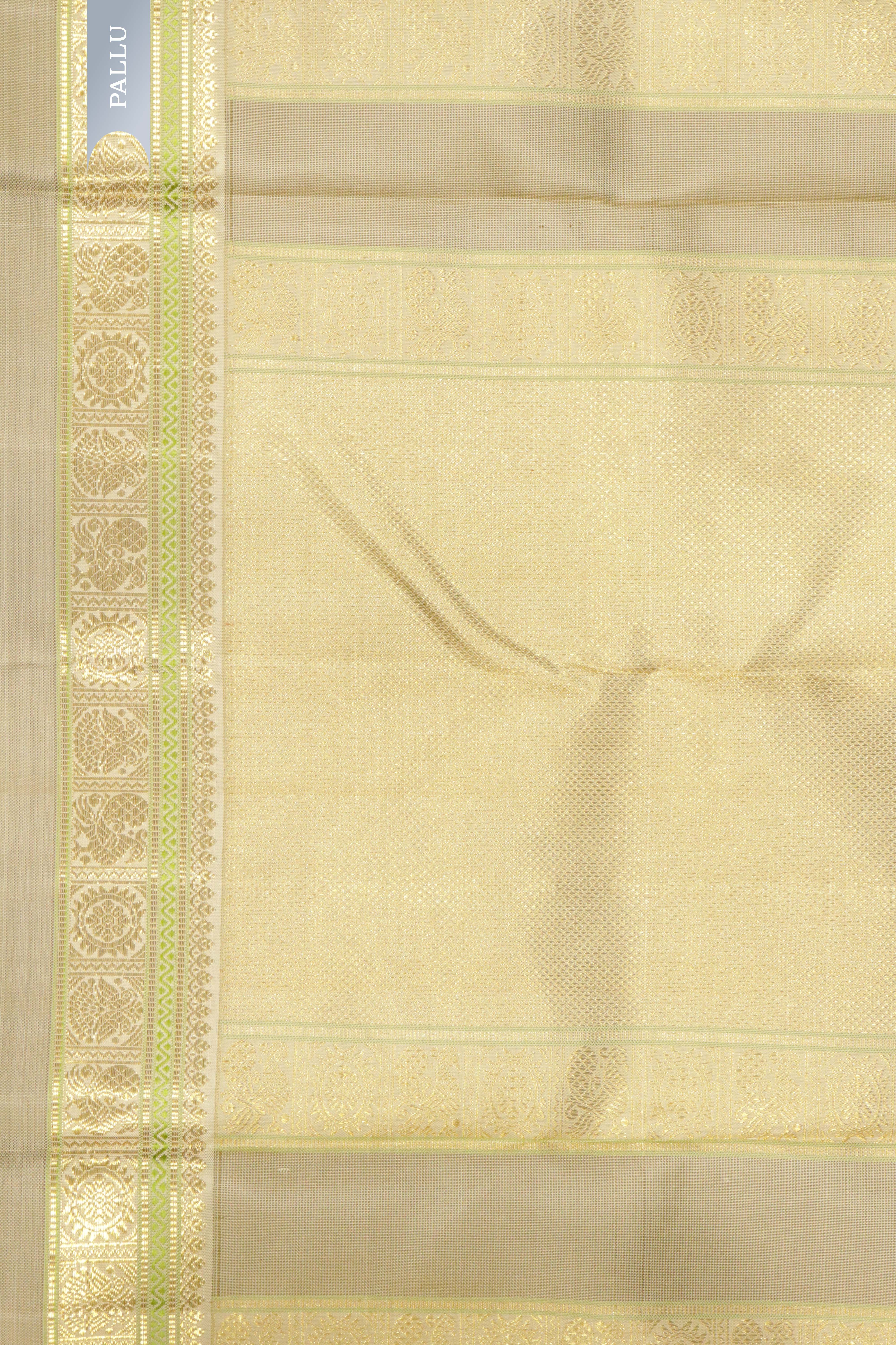 Bottle Green Kanchipuram Silk Saree with Silver & Gold Zari Thread Motifs and Contrast Border