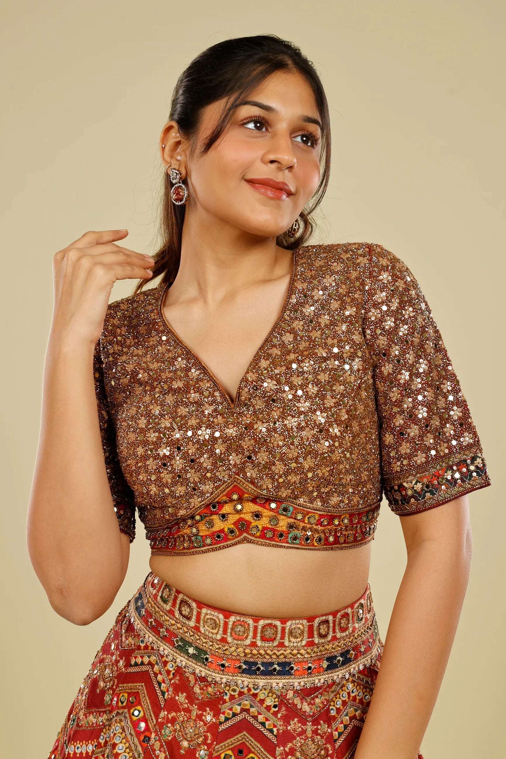 Rust Printed Silk Lehenga Set with Sequin & Kutdana Embroidery | Mokshaa