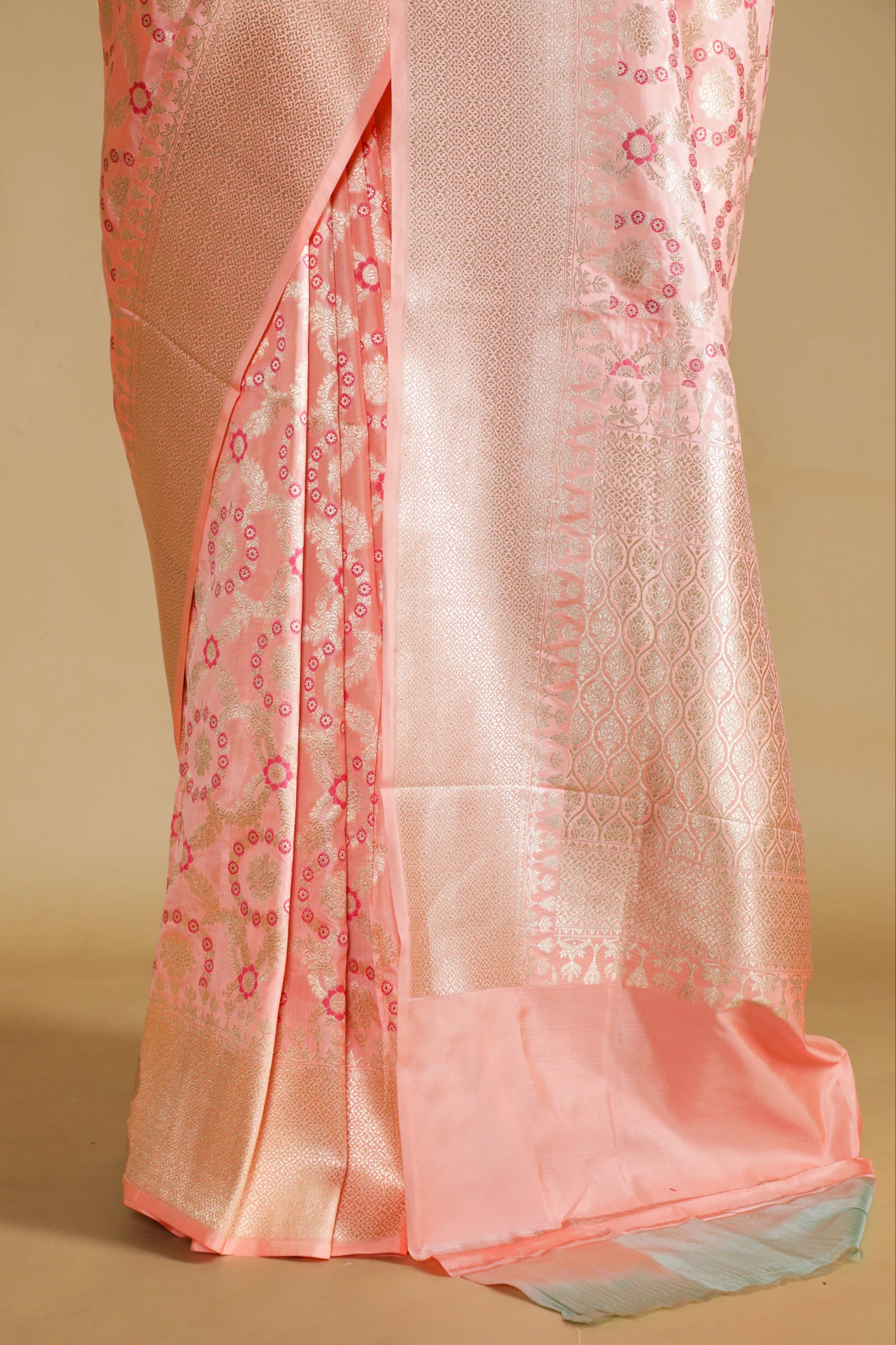 Peach Banarasi Silk Saree with All-Over Zari & Thread Weaving