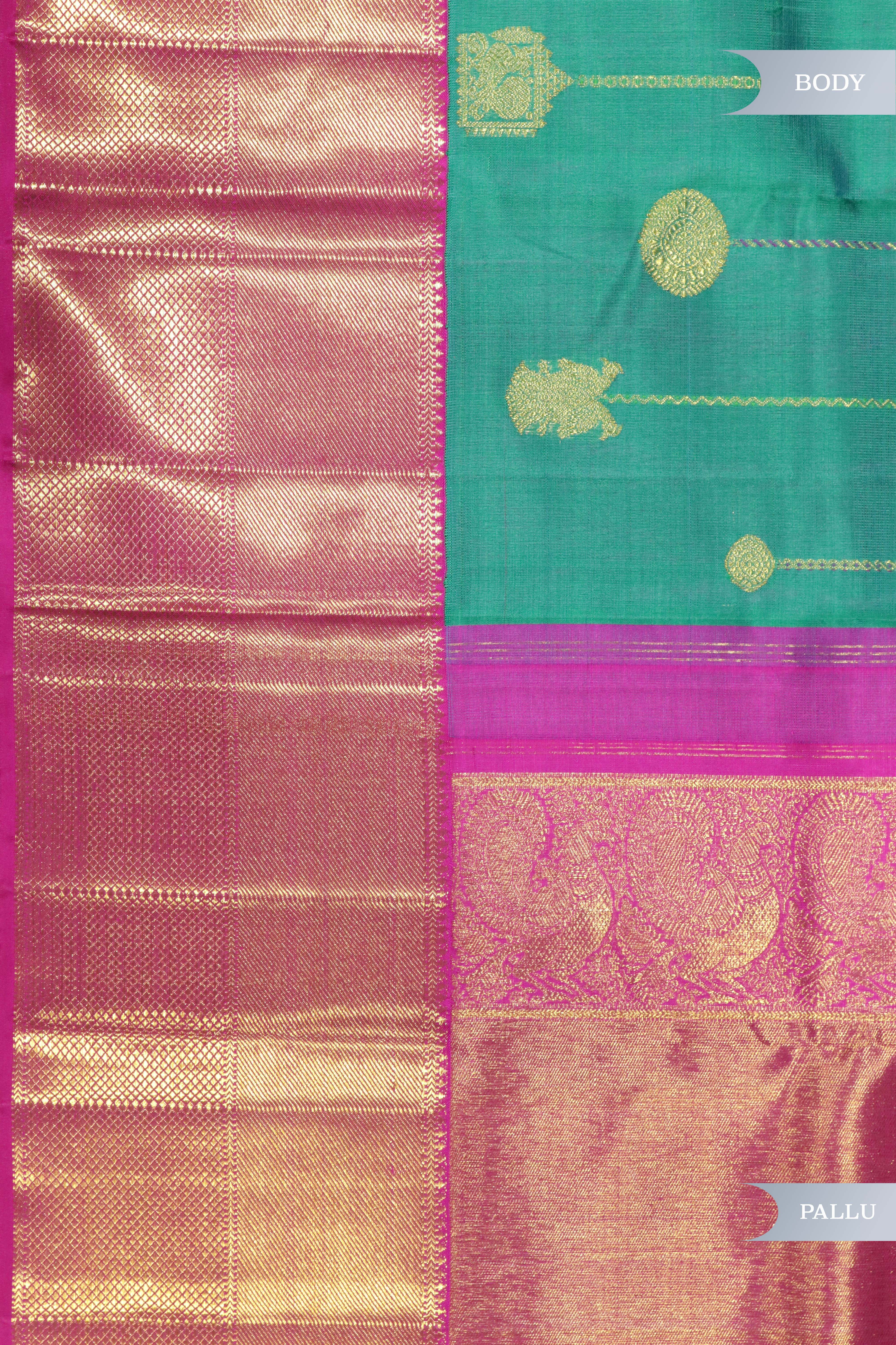 Turquoise Blue Kanchipuram Silk Saree with Zari Stripes, Buttas & Contrast Border