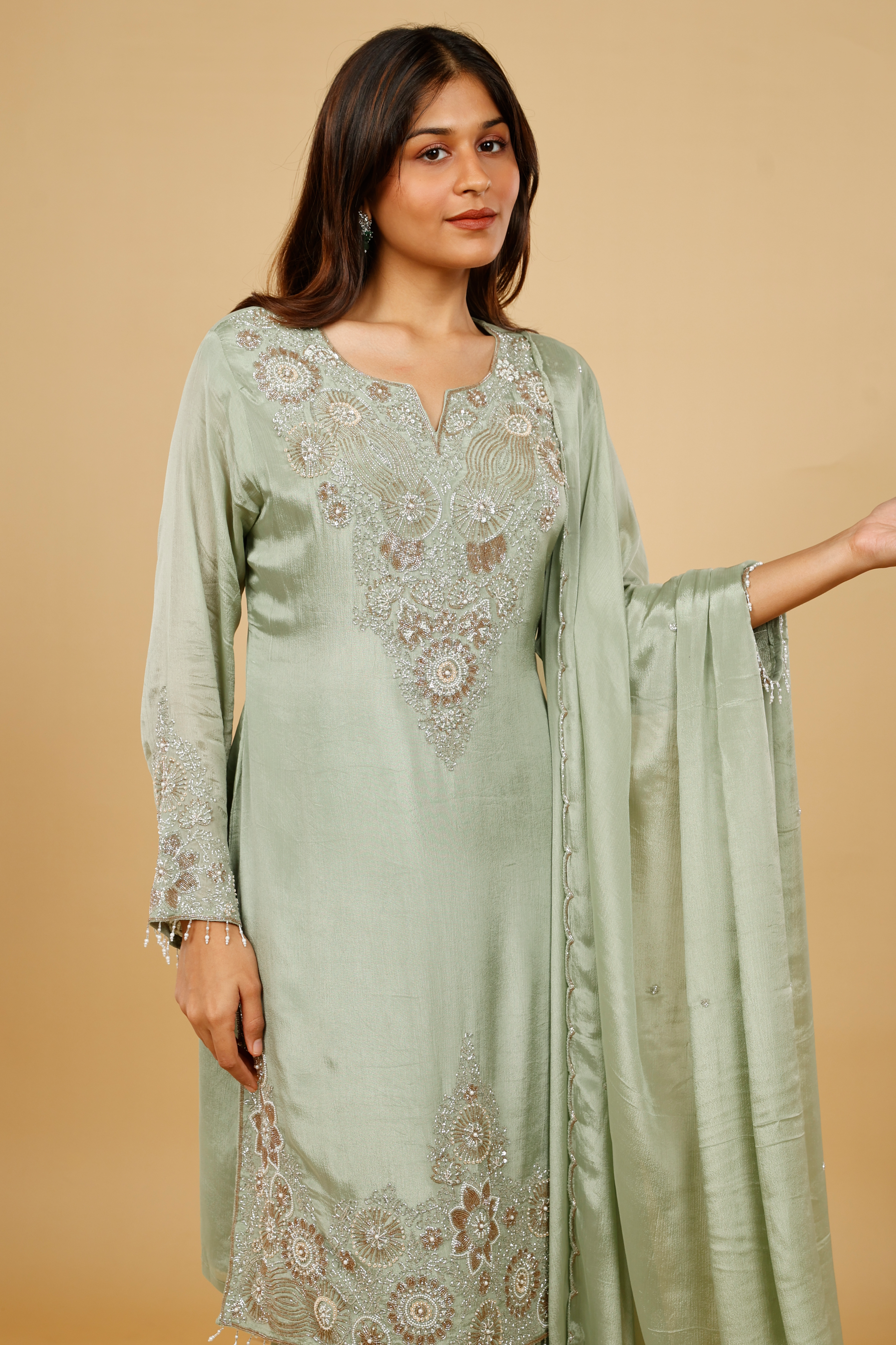 Mint Green Chinon Silk Sharara Set with Kutdana & Pearl Embroidery