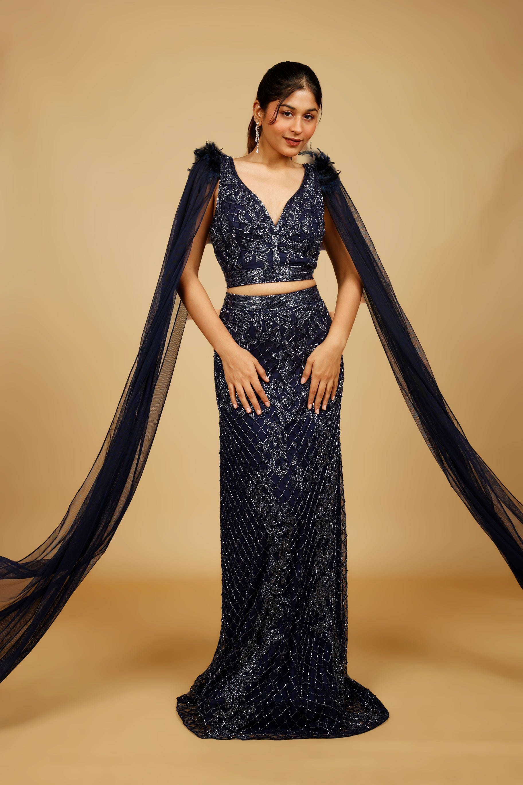 Navy Blue Net Mermaid Skirt Set with Cutdana Embroidery