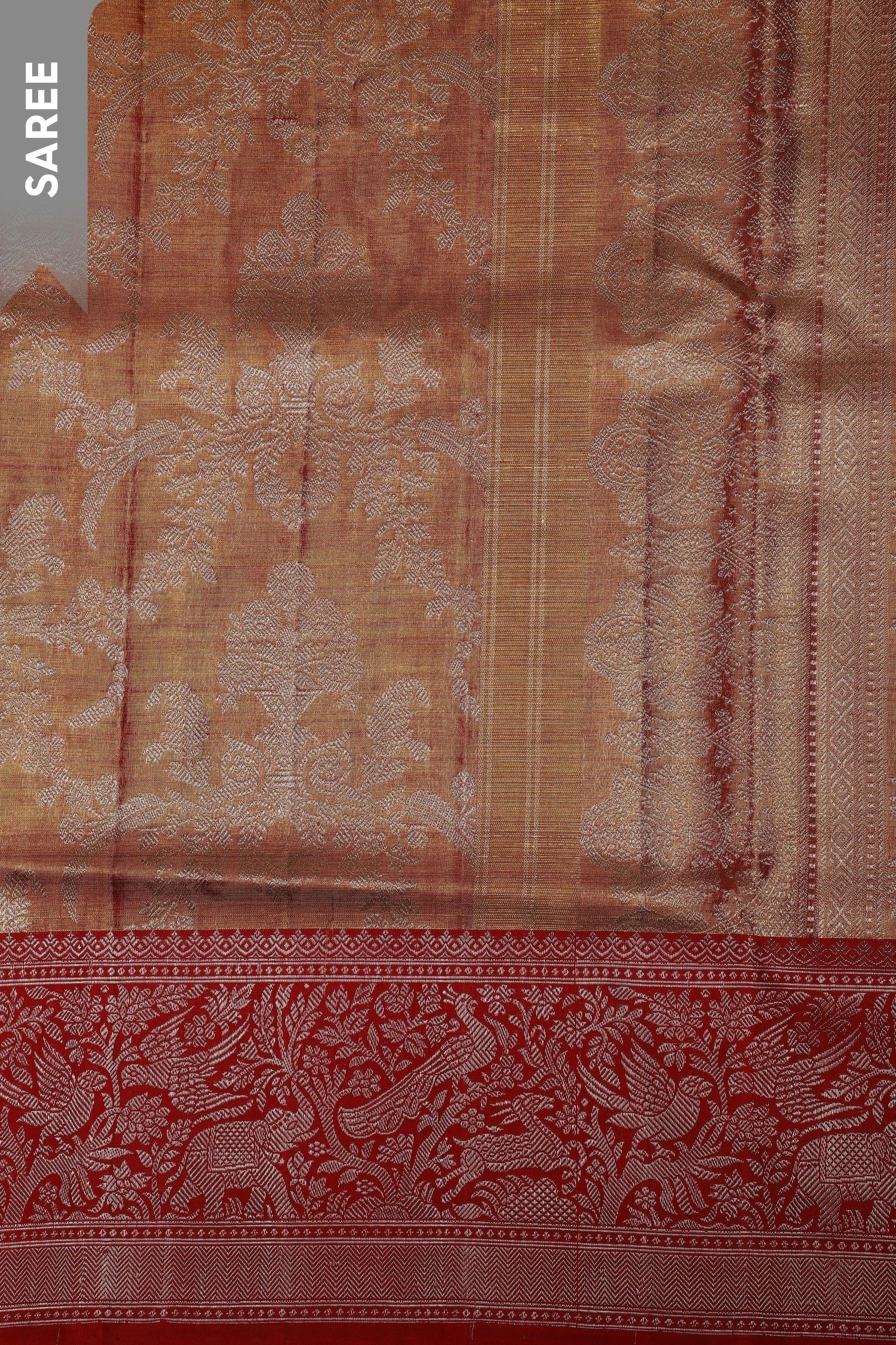 Burnt Gold Tissue Silk Saree with Zari Jaal and Red Korvai Border Mokshaa