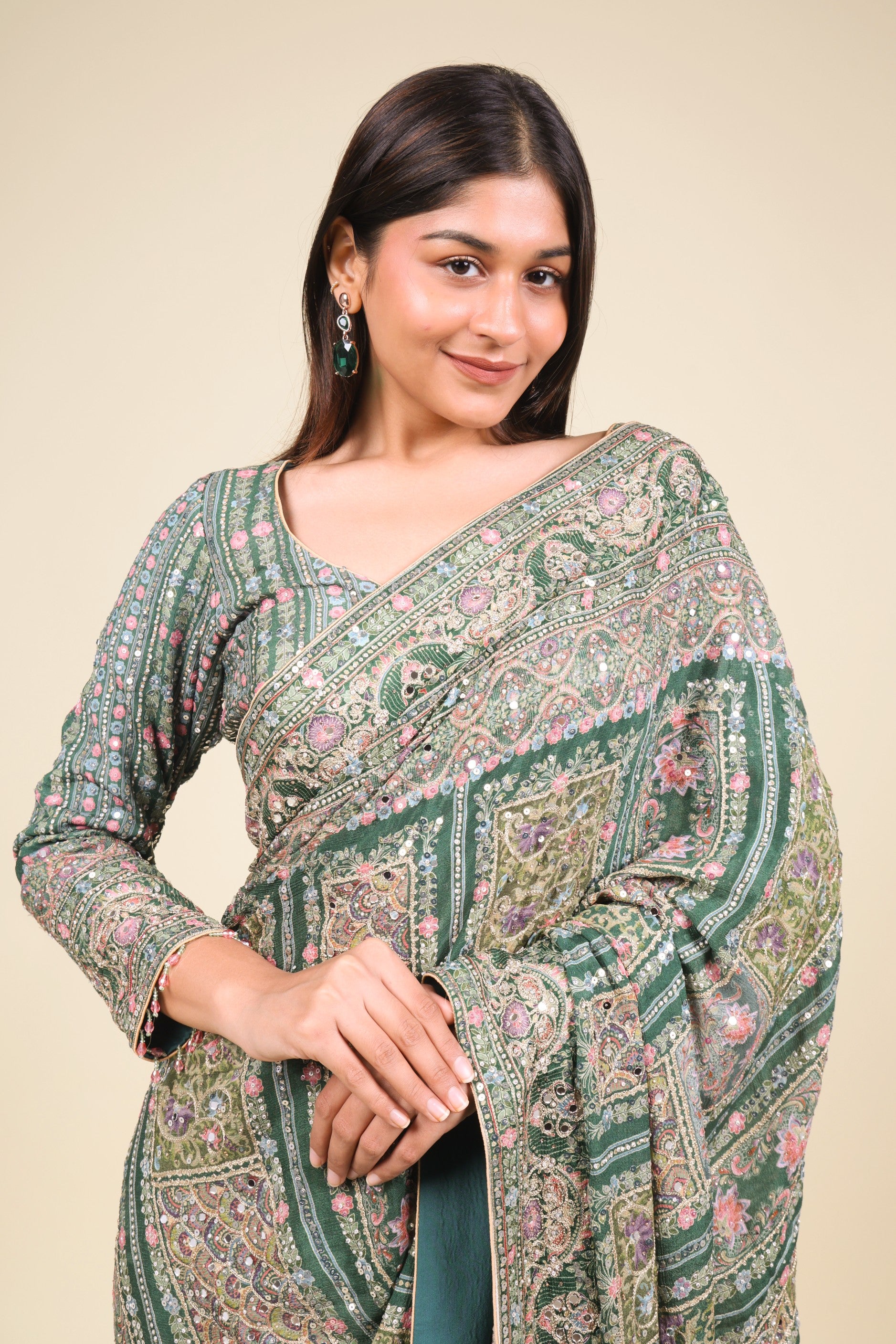 Emerald Green Soft Georgette Saree with Digital Print, Sequin & Mirror Highlights - Mokshaa