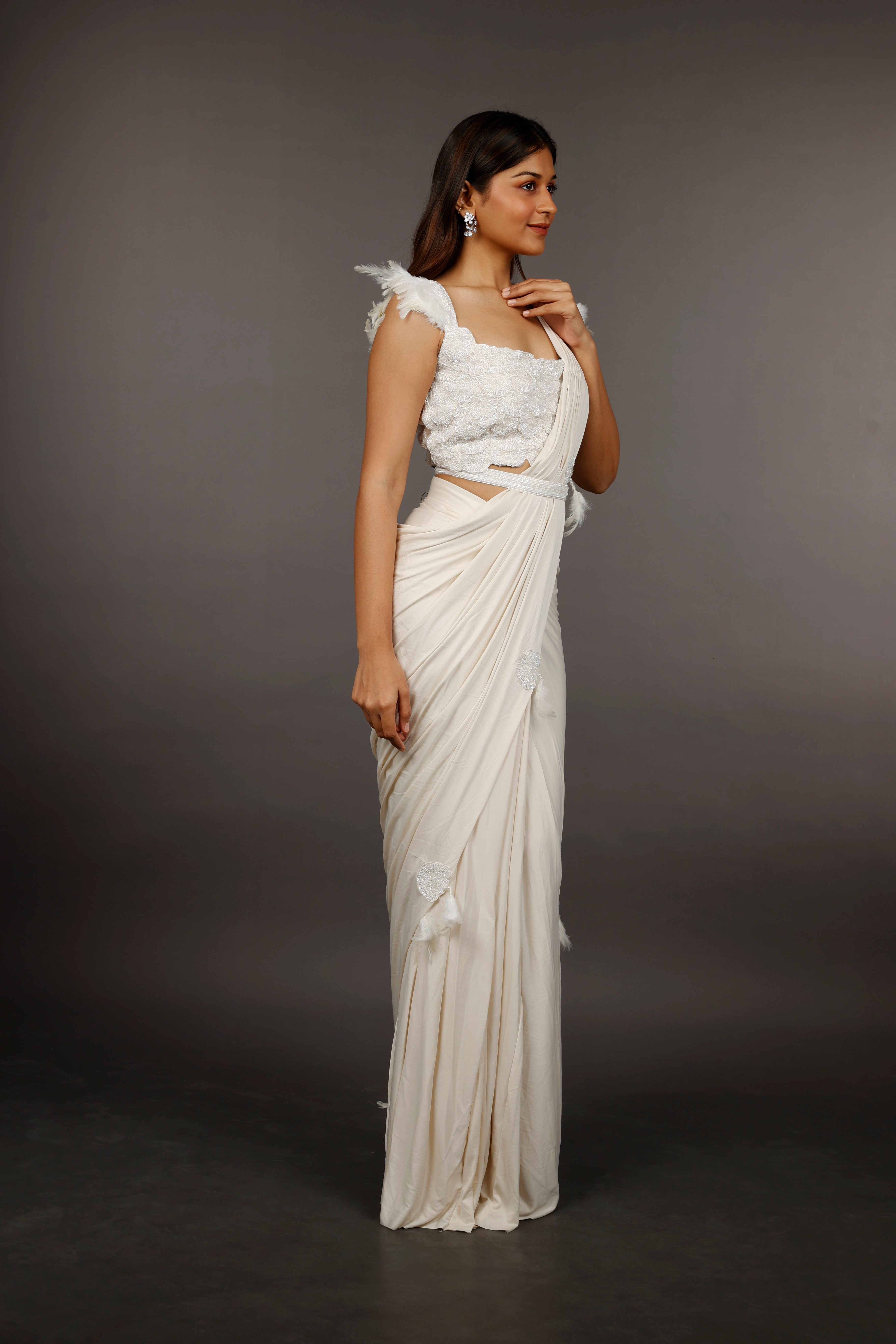 Ivory Lycra Silk Drape Saree with Feather and Pearl Embroidery