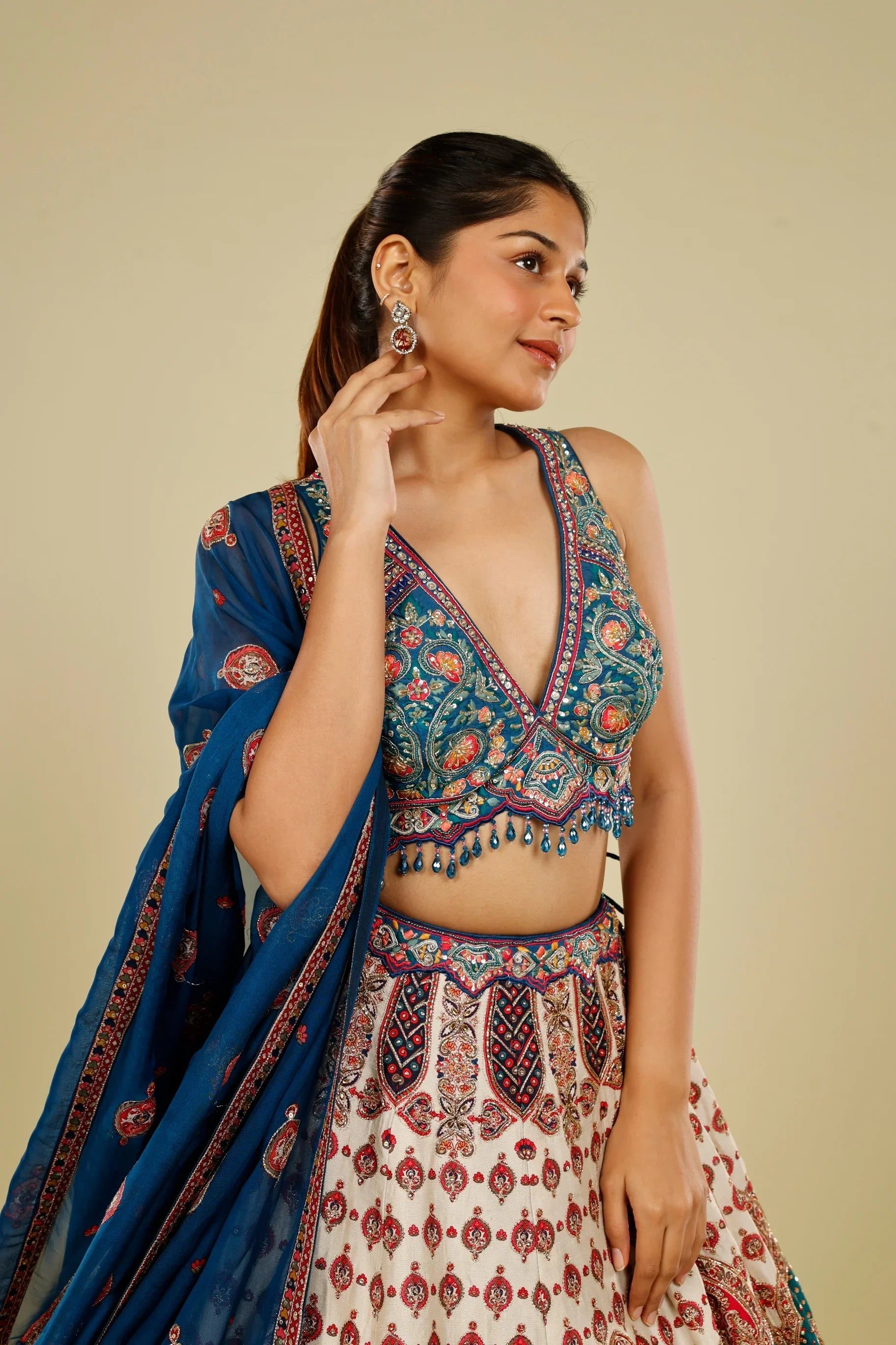 Blue Multicolour Printed Silk Lehenga Set with Zari, Sequin & Cutdana Highlights | Mokshaa