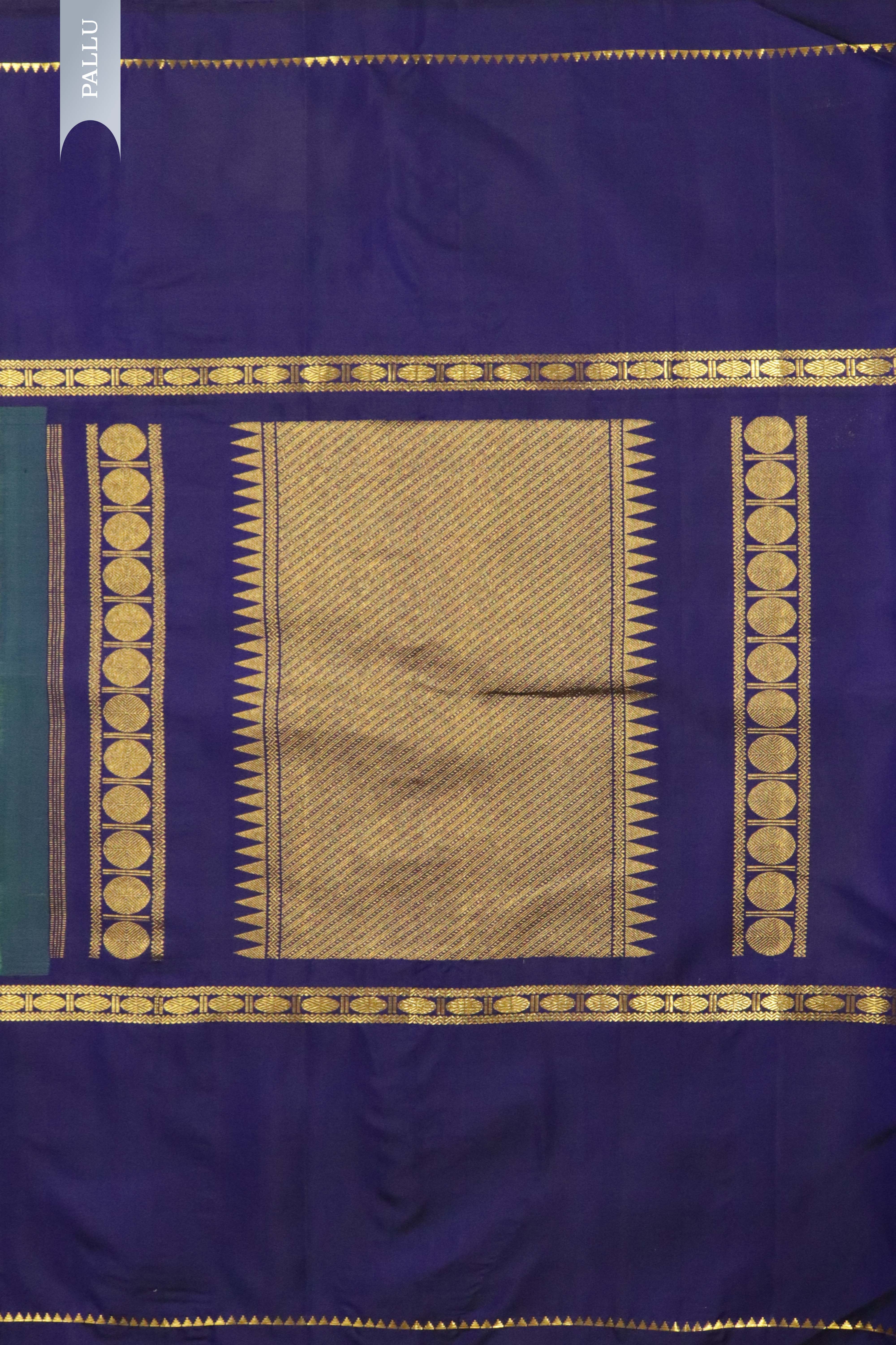 Green & Blue Kanchipuram Silk Saree with Vertical Zari Lines & Rudraksha Border
